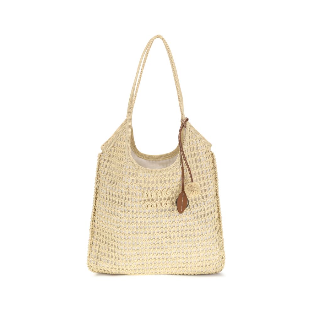 Miu Miu Ivy crochet tote bag in Sand featuring a net design, embroidered logo, and leather interior pouch from The Exclusive Line Singapore.