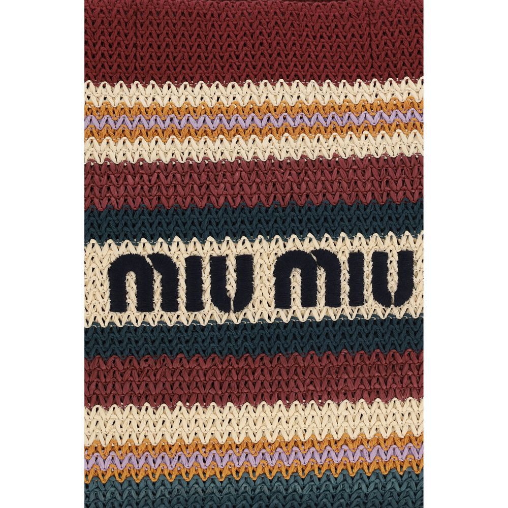 Close up of Miu Miu Raffia-effect woven tote bag in rust, green, and natural stripes with leather handles, available at The Exclusive Line Singapore.