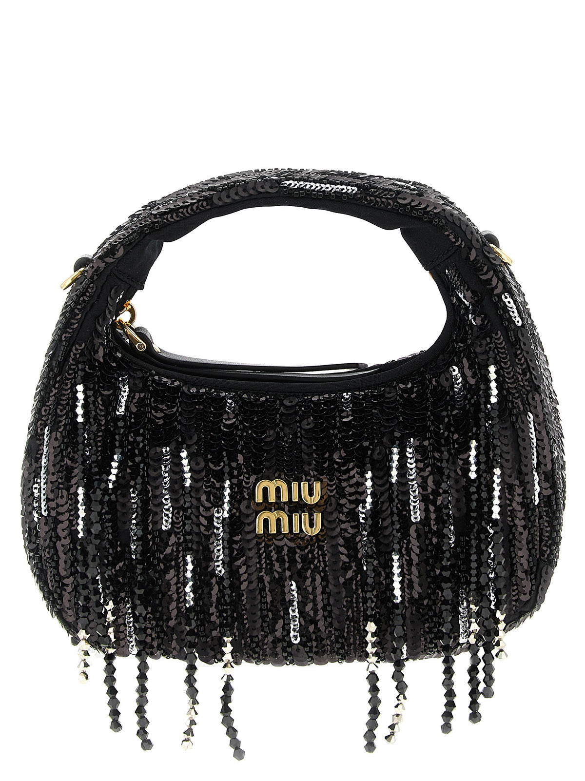 Miu Miu Wander mini bag in black silk satin with crystal and sequin fringes.