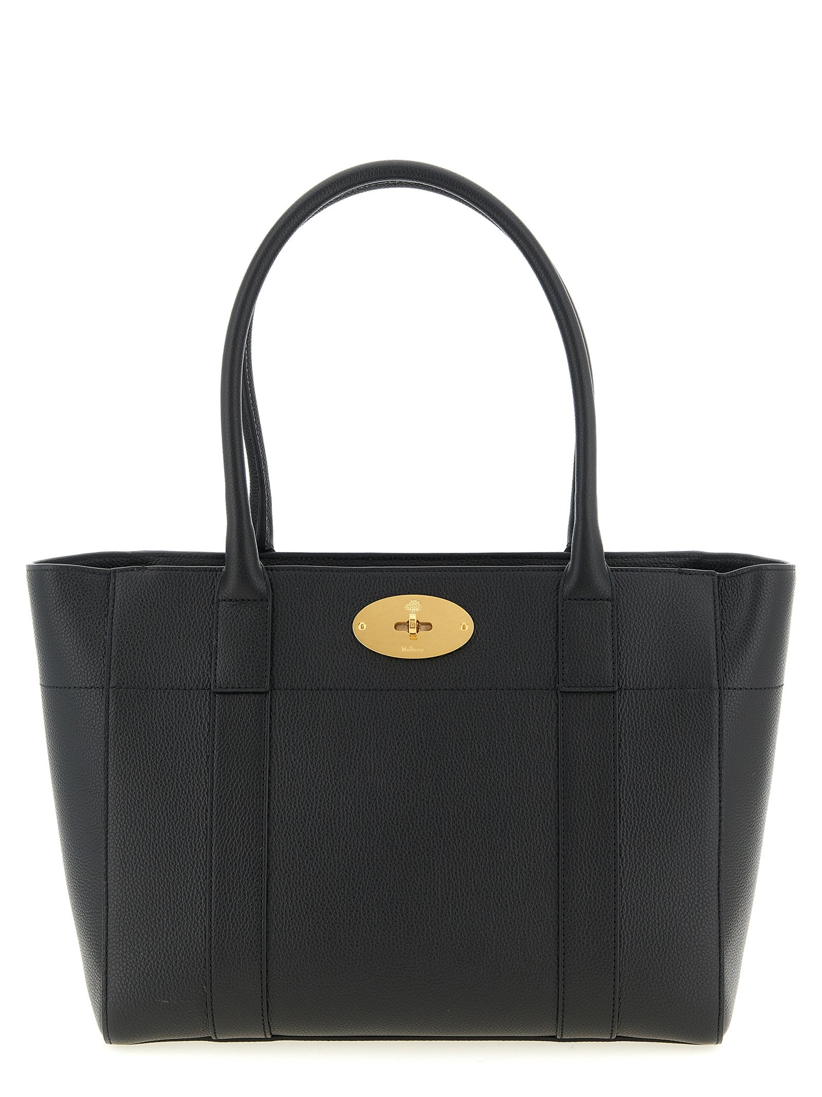 Mulberry Bayswater 9 to 5 work bag in Black small classic grain leather featuring long shoulder straps, a main zip closure, and a front Postman’s Lock pocket from The Exclusive Line Singapore.