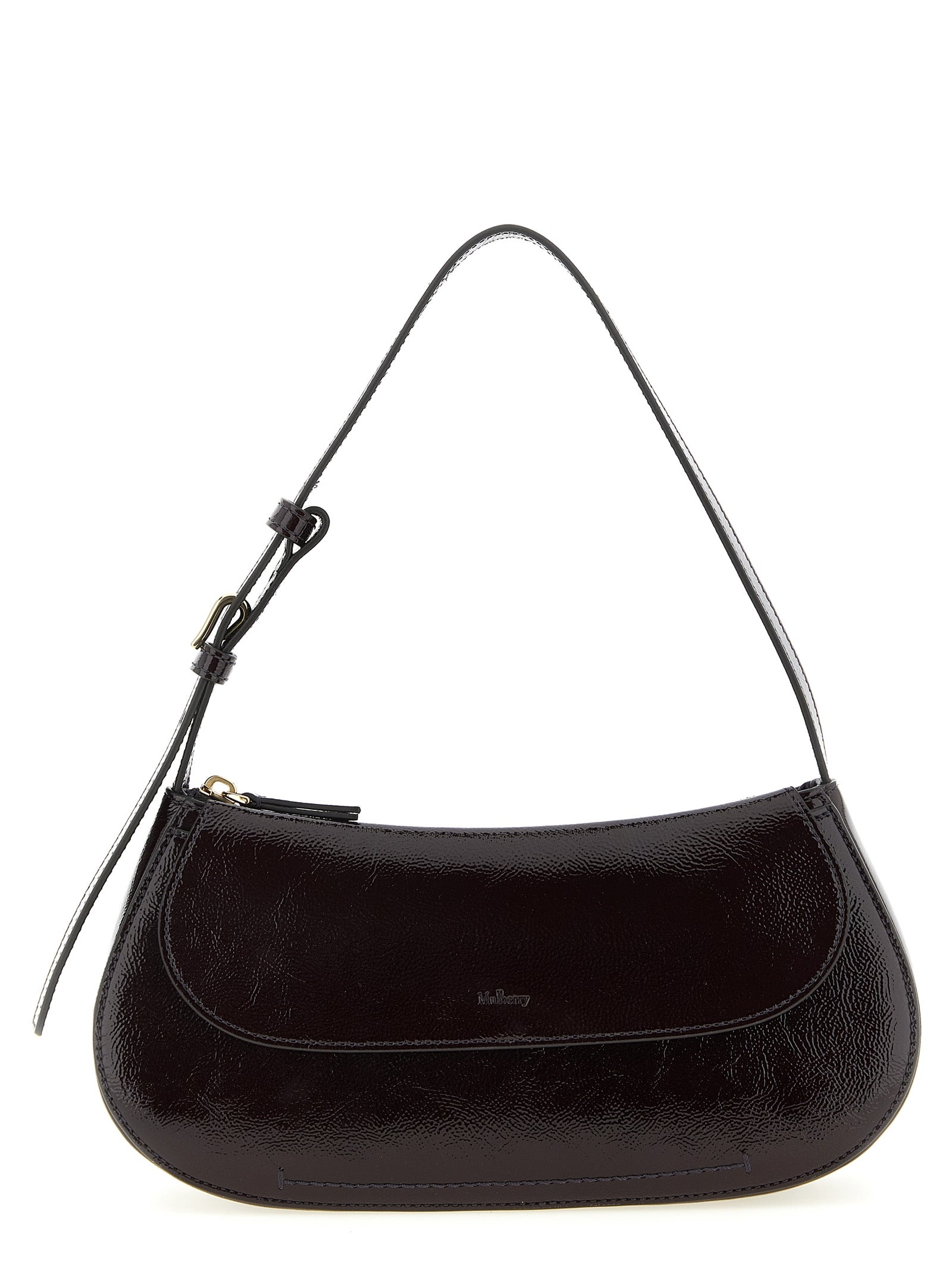 Mulberry Clovelly Shoulder Bag in high-gloss Deep Aubergine patent leather with soft gold hardware and foil-embossed logo from The Exclusive Line Singapore.