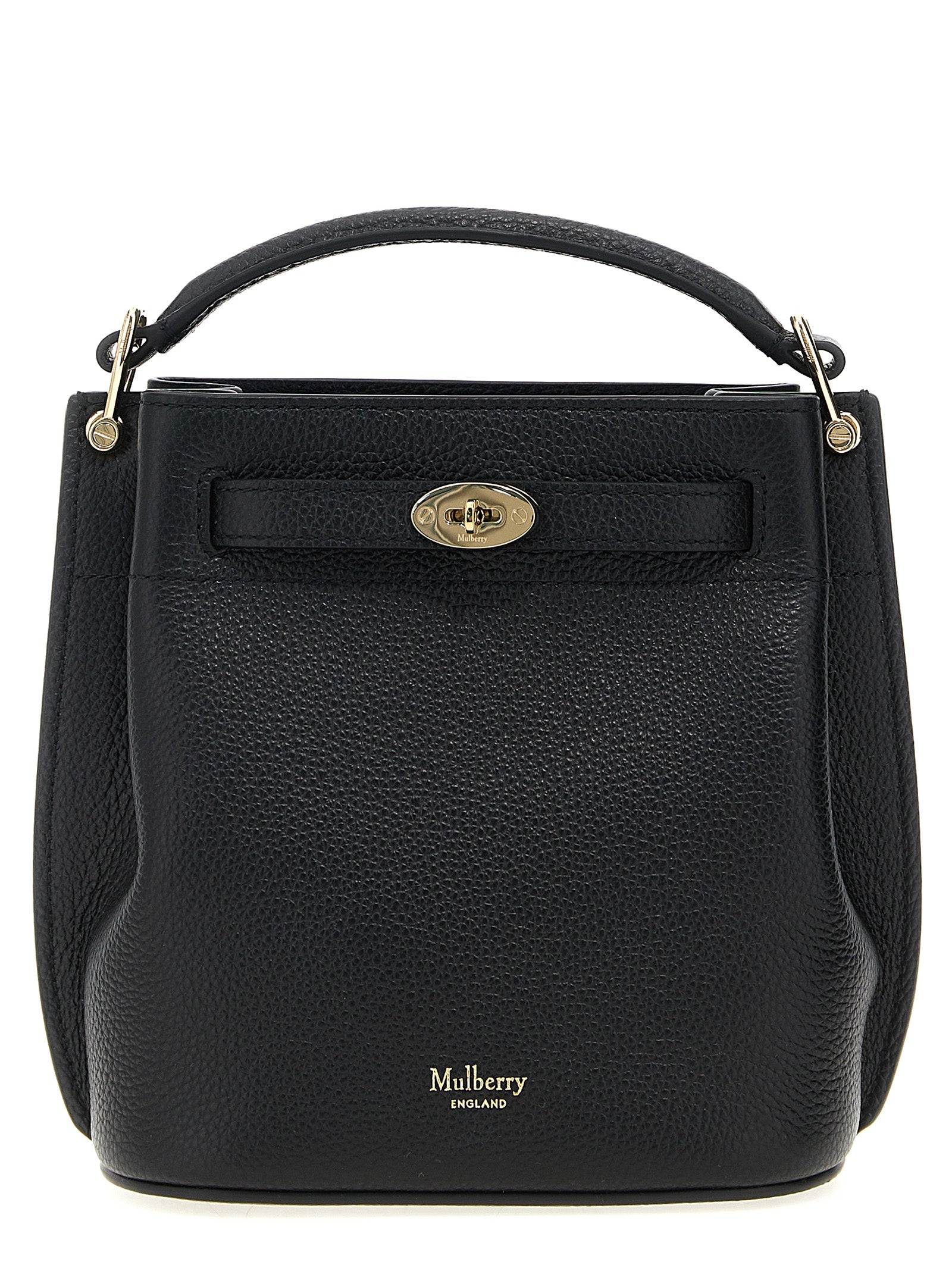 Mulberry Islington Mini Bucket Bag in Black Classic Grain leather featuring signature gold-tone Postman's Lock