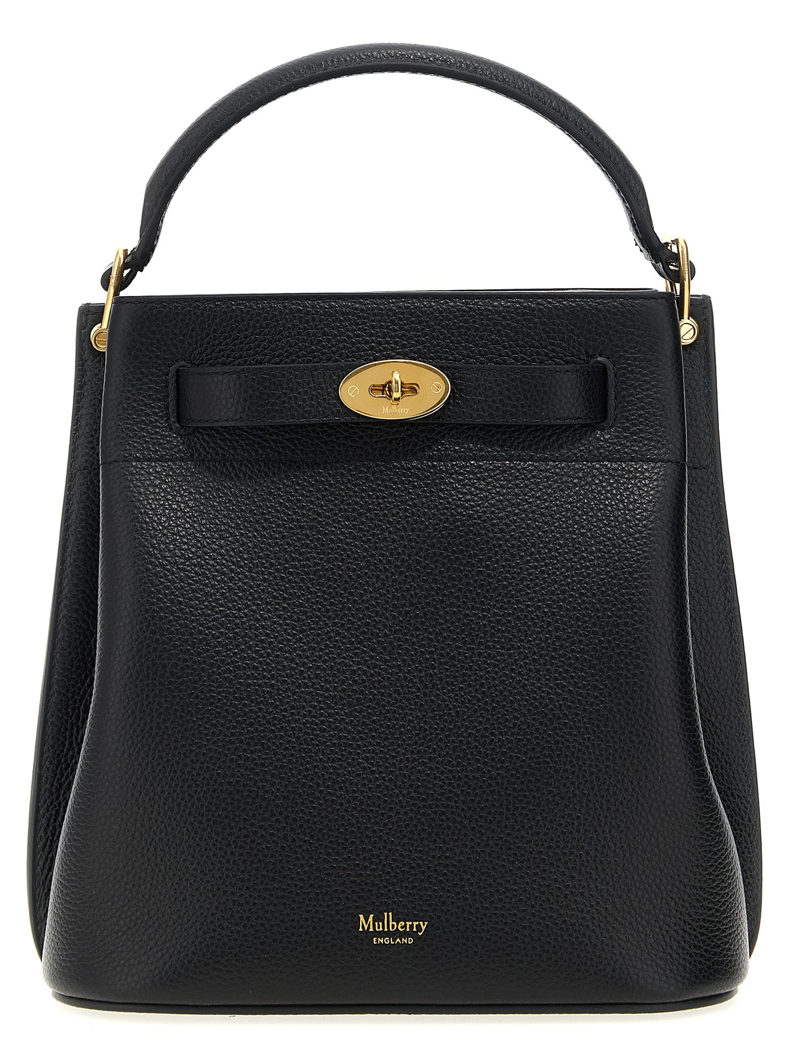 Mulberry Islington Small Bucket Bag in Black Classic Grain leather with signature brass Postman's Lock.