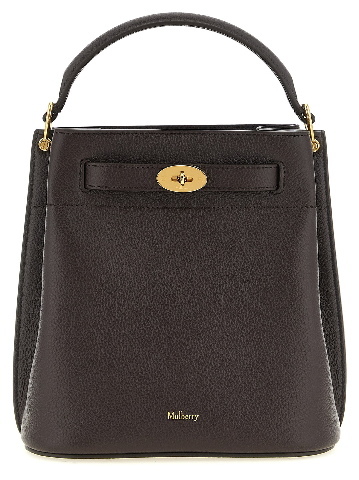 Mulberry Islington Small Bucket Bag in Ebony Classic Grain leather featuring signature brass Postman's Lock.