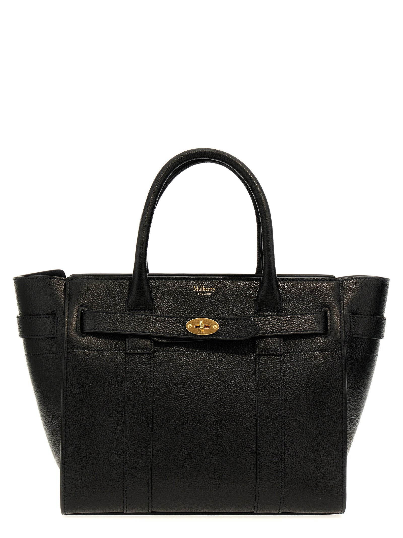 Mulberry Small Zipped Bayswater Tote Bag in Black Classic Grain leather featuring signature Postman's Lock belt detailing.
