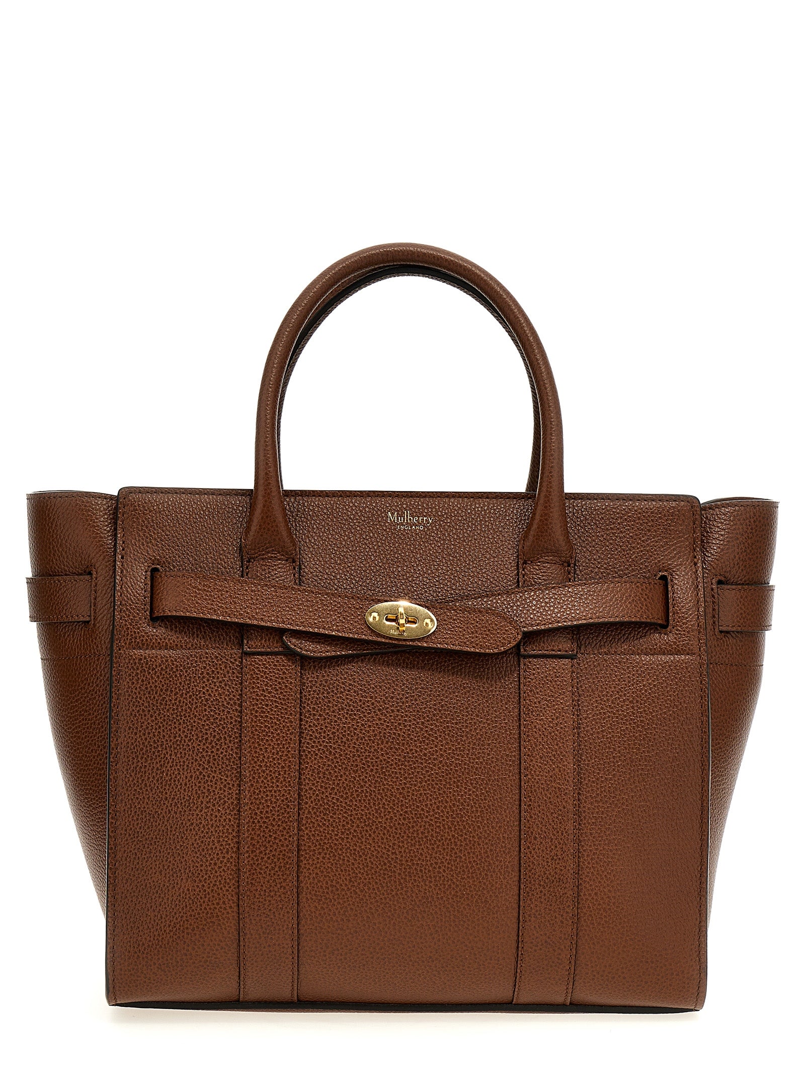 Mulberry Small Zipped Bayswater Tote Bag in Oak Two-Tone Classic Grain leather featuring signature Postman's Lock belt detailing.