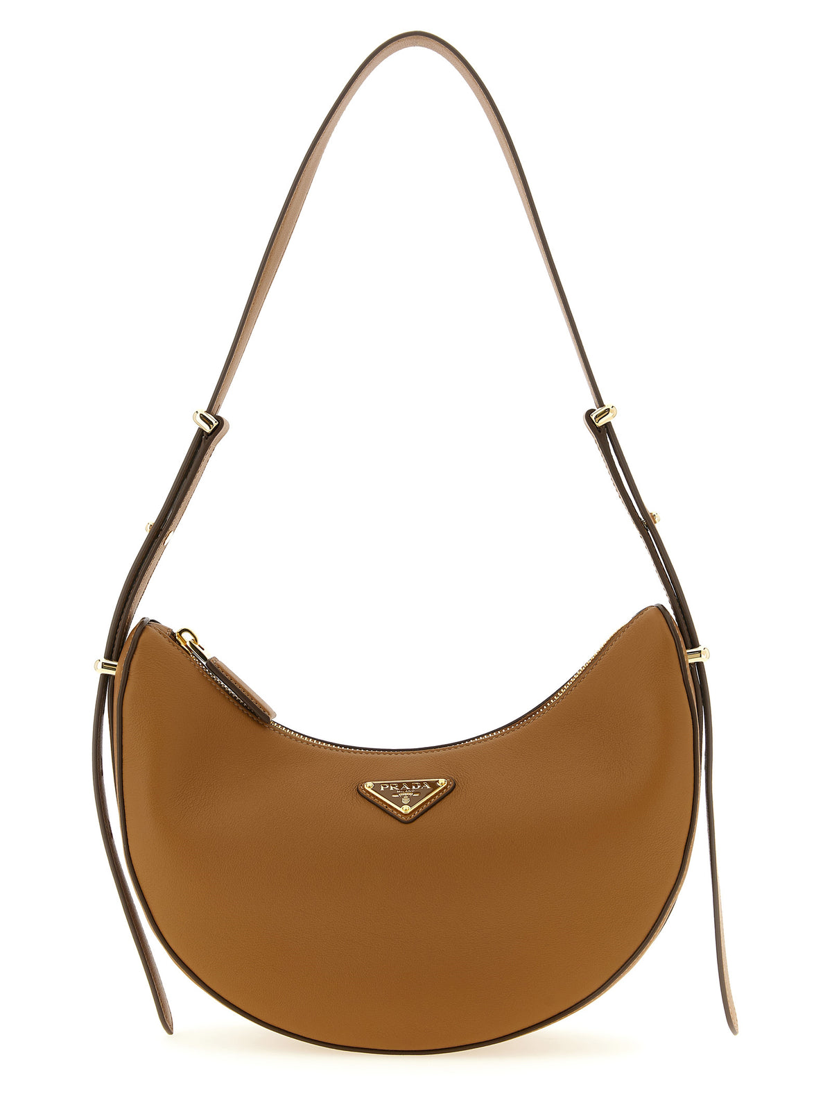 Prada Arqué Small Leather Shoulder Bag in Caramel calfskin with enameled metal triangle logo.