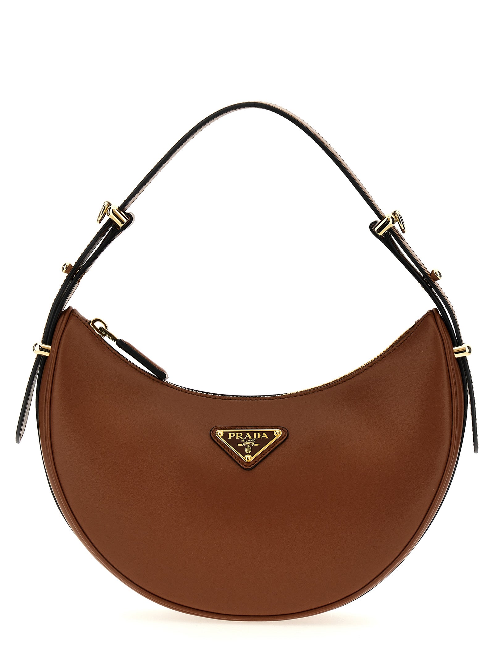 Prada Arqué Small Shoulder Bag in Cognac calfskin leather featuring enameled triangle logo and detachable strap.