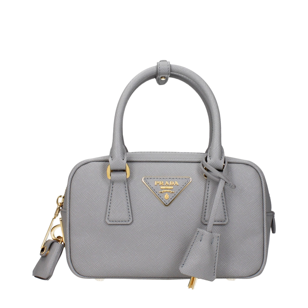 Prada Bauletto Small Handbag in Grey calfskin leather with padlock detail and dual rolled handles.