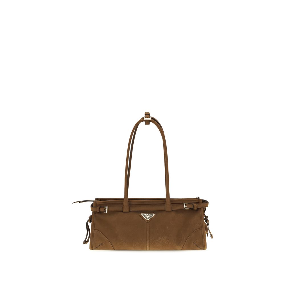 Prada Bonnie Medium handbag in cocoa brown nubuck leather with matching top handles, a detachable shoulder strap, and the enameled triangle logo.
