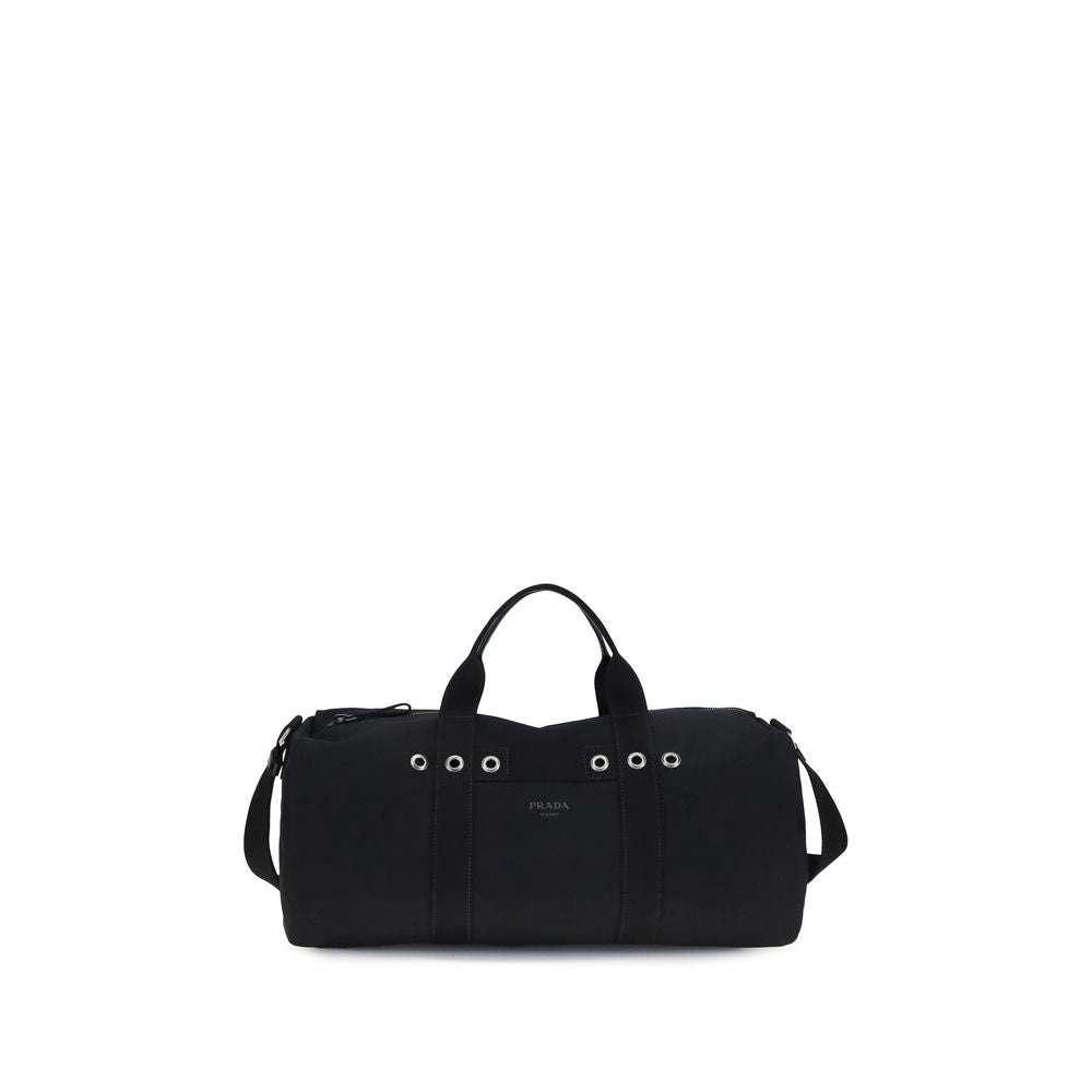Prada Black Canvas Duffel Bag with triangle logo, luxury travel bag available at The Exclusive Line Singapore.