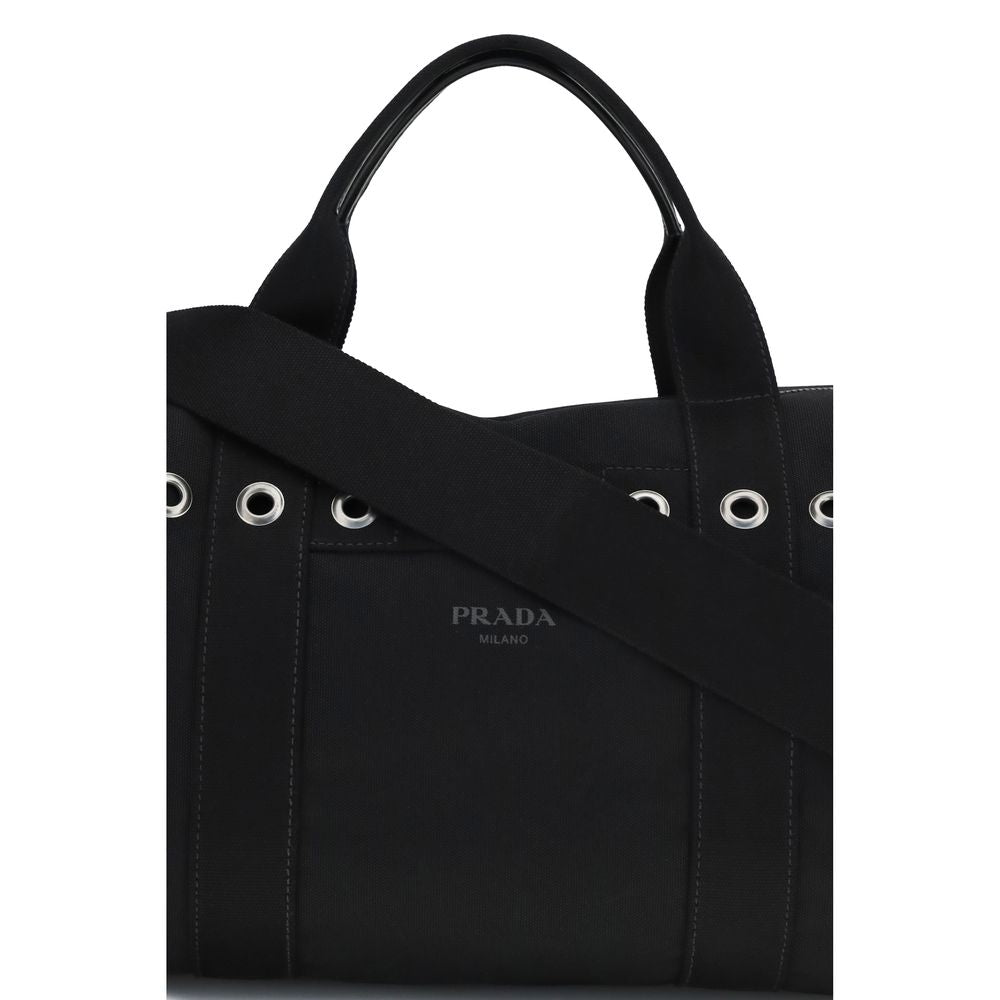 Close up of Prada Black Canvas Duffel Bag with triangle logo, luxury travel bag available at The Exclusive Line Singapore.