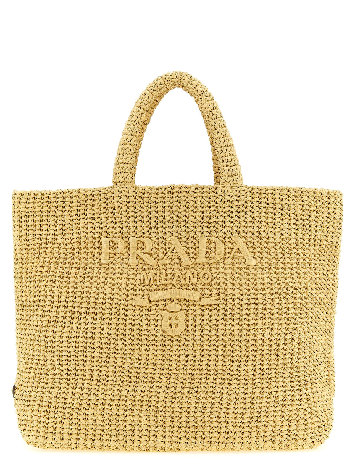 Prada Large Crochet Tote Bag in Tan raffia yarn featuring embroidered front lettering logo.