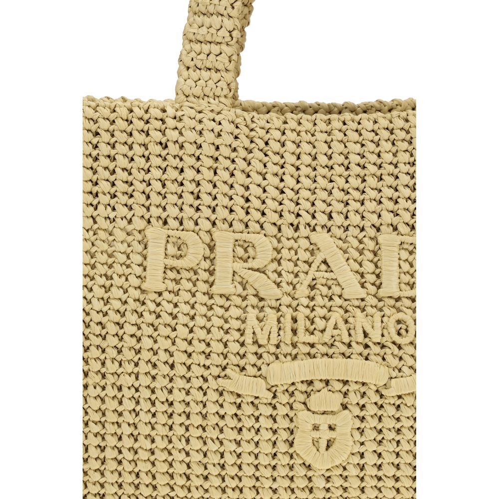 Close up view of Prada Crochet Tote Bag in Natural Raffia with embroidered lettering logo from The Exclusive Line Singapore