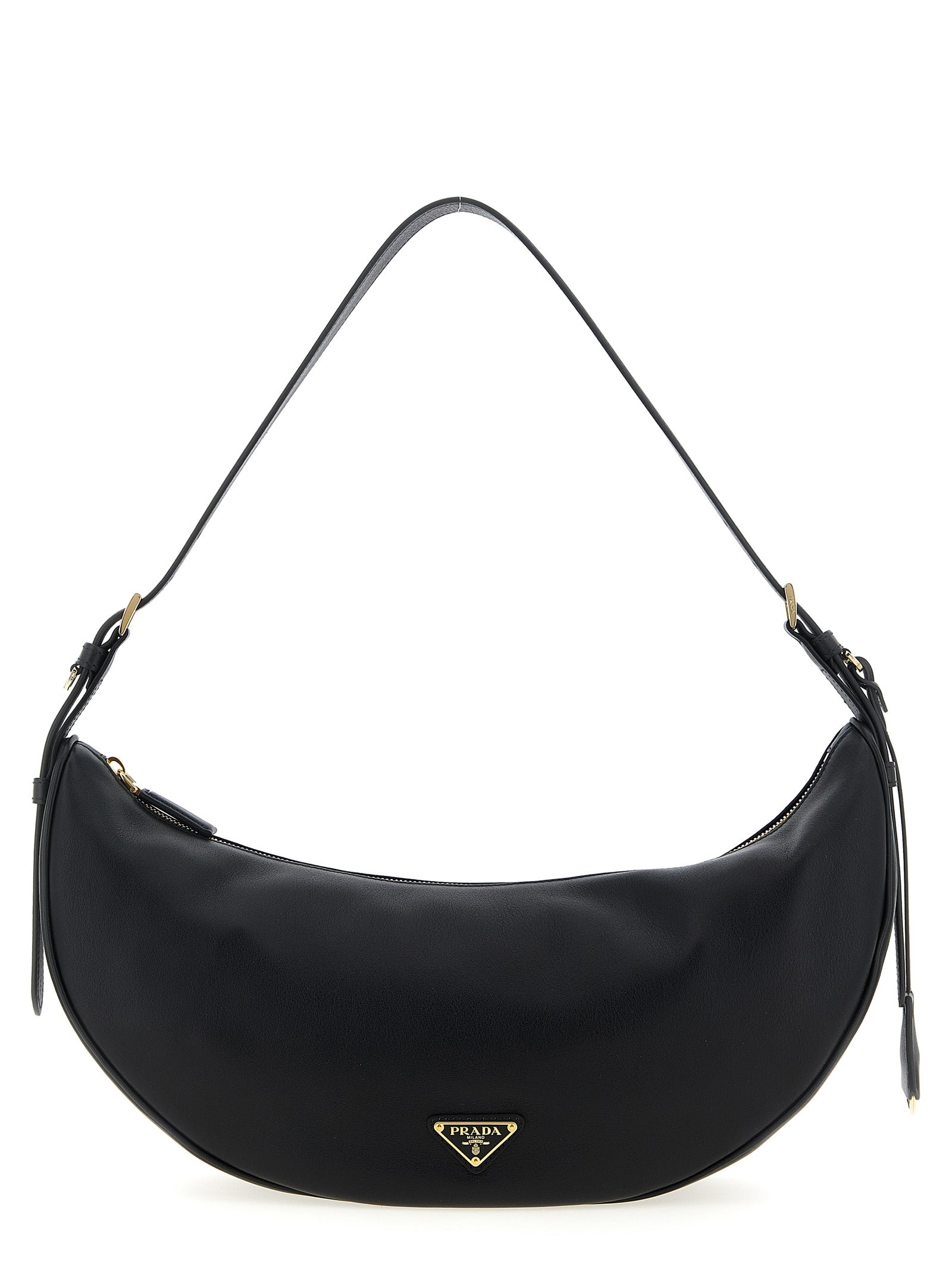 Prada Demi-Lune Leather Shoulder Bag in Black calfskin with adjustable handle and metal front logo.
