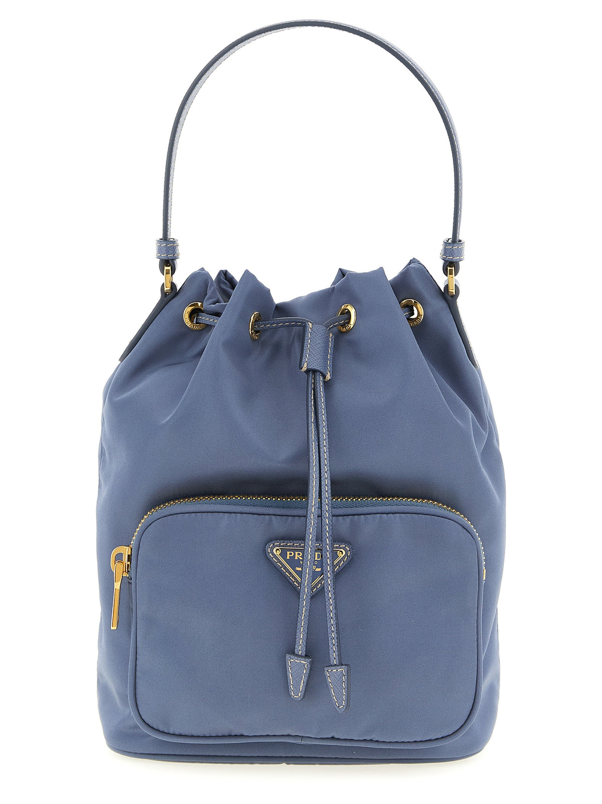 Prada Duet Re-Nylon Bucket Bag in Aviation Blue with front zip pocket and triangle logo.
