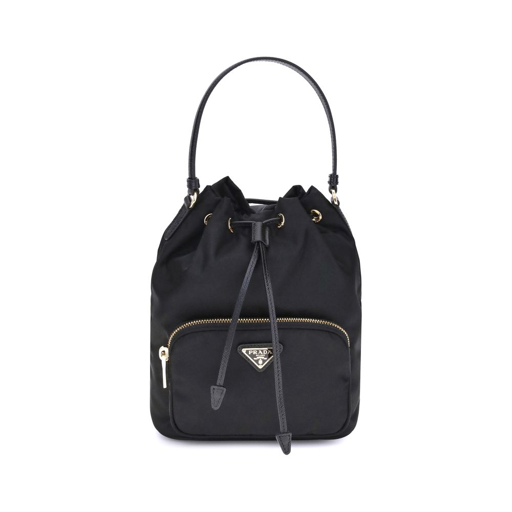 Prada Duet bucket bag in black Re-Nylon featuring a front zipper pocket with the enameled triangle logo and a saffiano leather top handle.