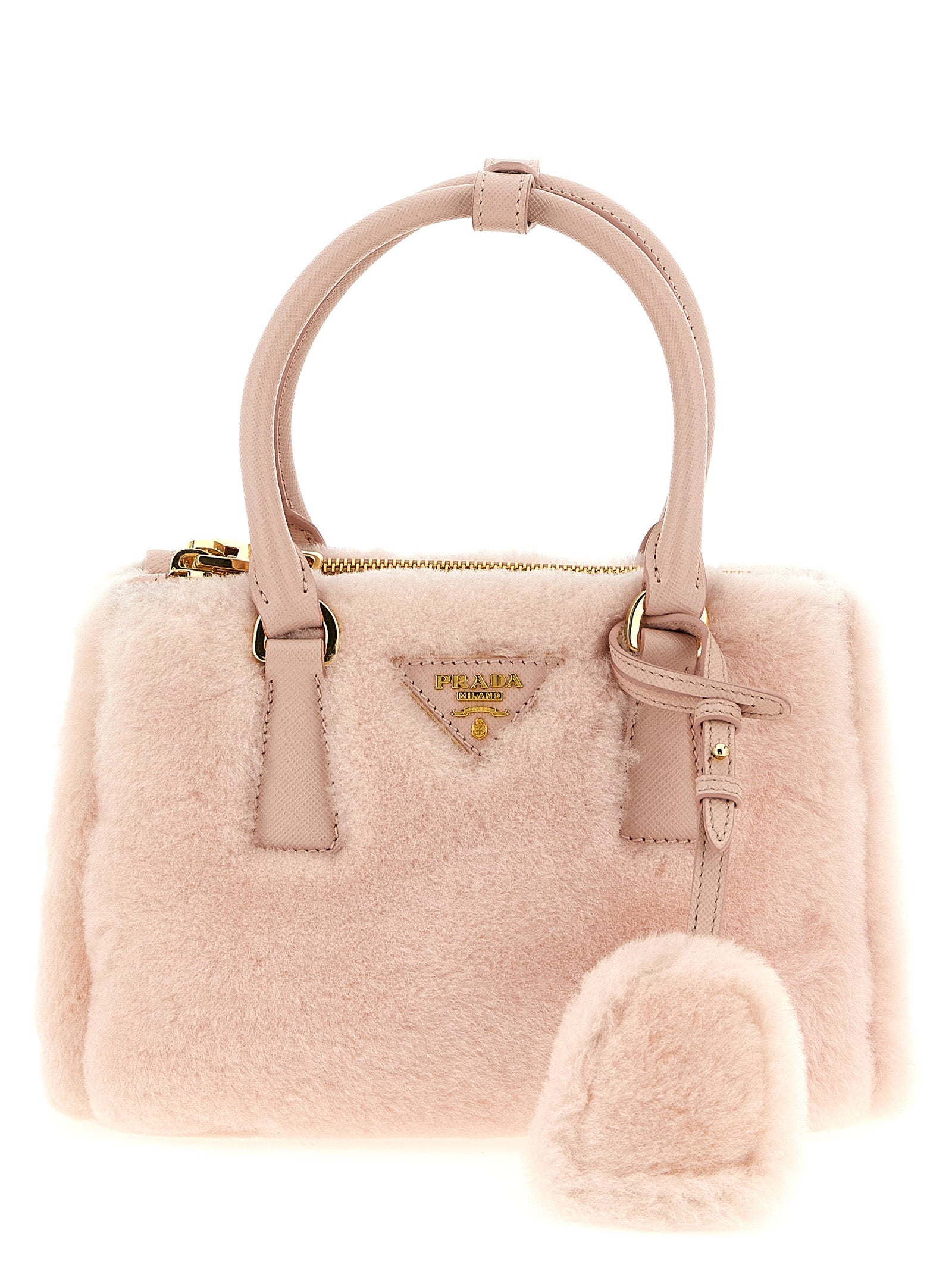 Prada Galleria Mini Shearling Handbag in Orchid Pink with Saffiano leather trim and metal lettering logo.