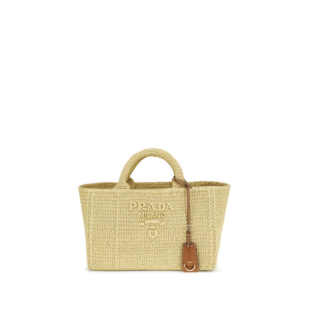 Prada Large Crochet Tote Bag in Natural raffia-effect fabric with embroidered macro logo, available at The Exclusive Line Singapore.