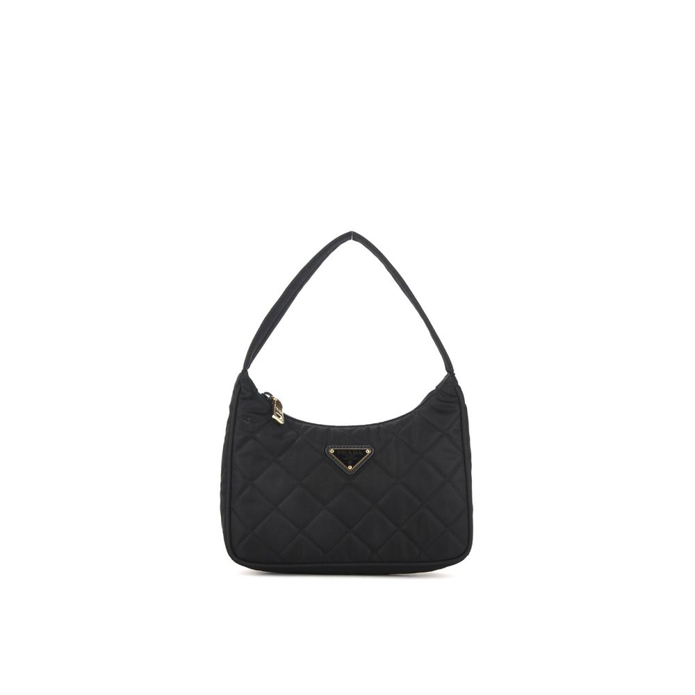Prada Quilted Small Shoulder Bag in Black Nylon with Gold Triangle Logo - Available at The Exclusive Line Singapore.
