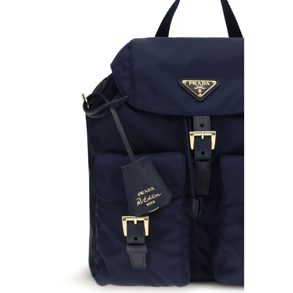Close up of Prada Re-Edition 1978 small Re-Nylon backpack in Baltic Blue with Saffiano leather details - The Exclusive Line Singapore