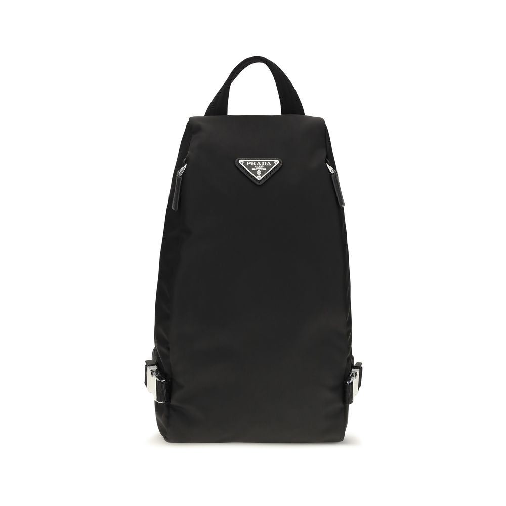 Prada Re-Nylon and Saffiano Leather Backpack in Black with front zip pocket and triangle logo.