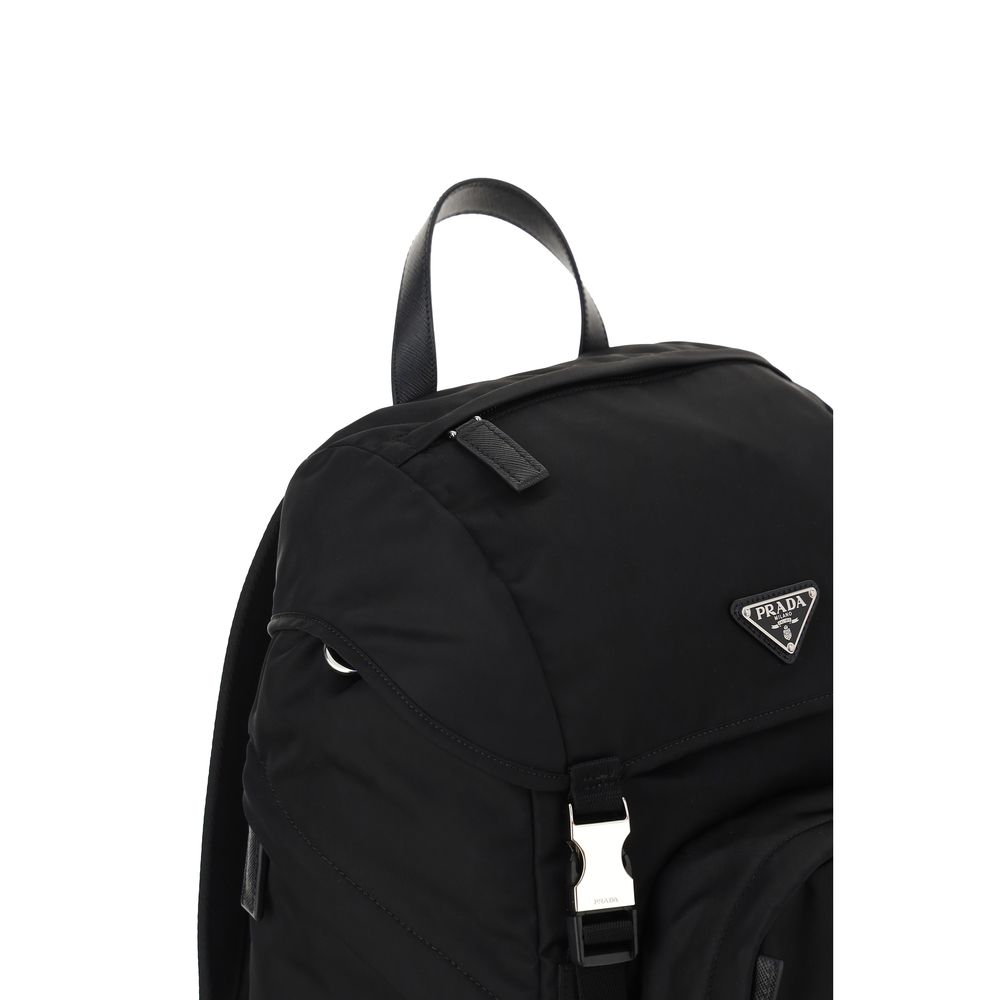 Close up of Prada Re-Nylon & Saffiano Leather Backpack in Black from The Exclusive Line Singapore