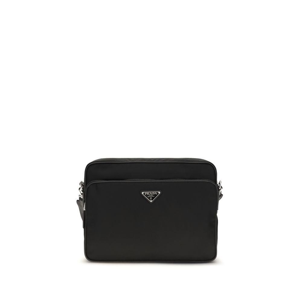 Prada Re-Nylon and Saffiano leather shoulder bag in black featuring the enameled triangle logo and adjustable strap - The Exclusive Line Singapore.