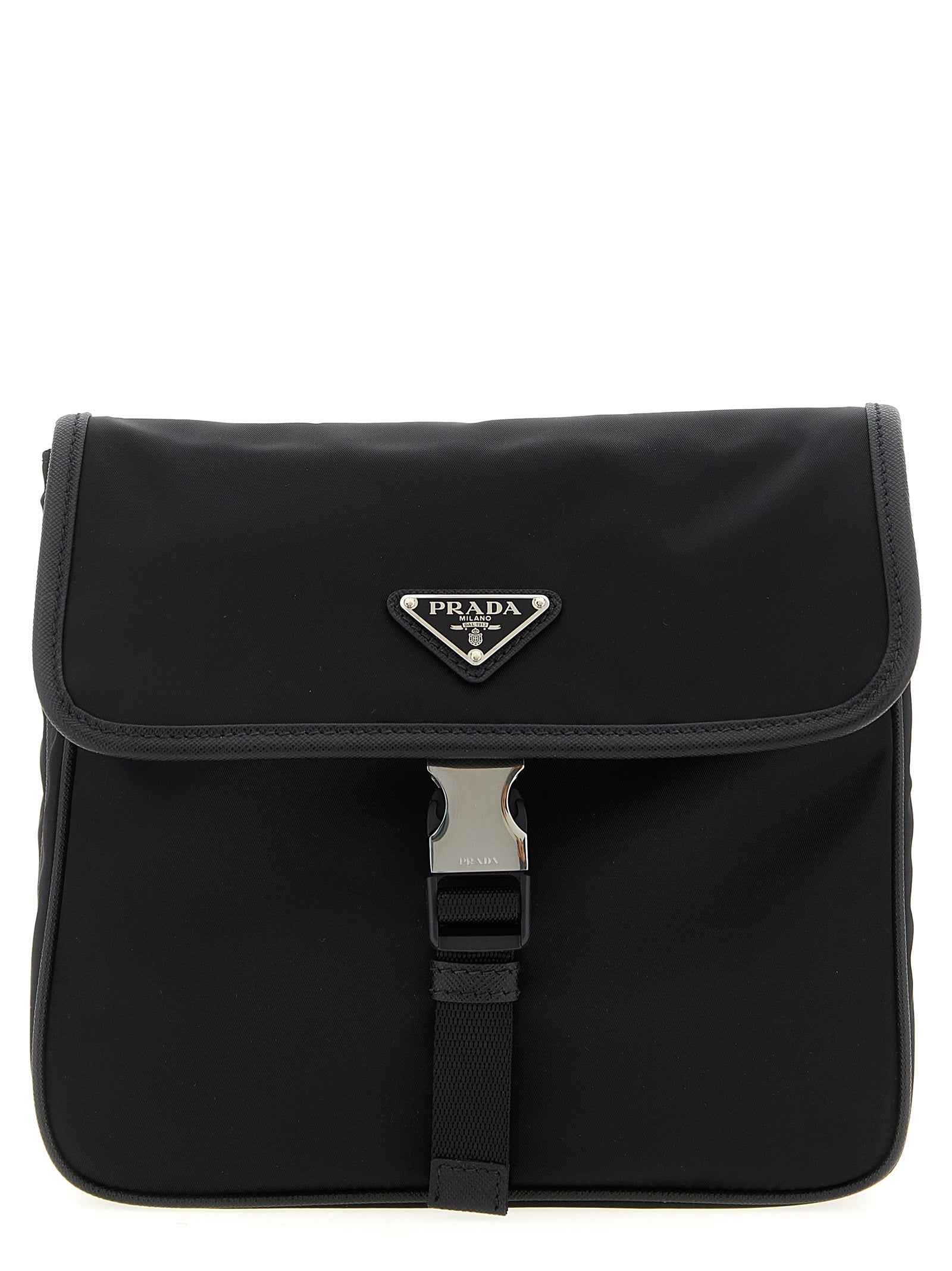 Prada Re-Nylon and Saffiano Leather Shoulder Bag in Black with enameled metal triangle logo and buckle closure.