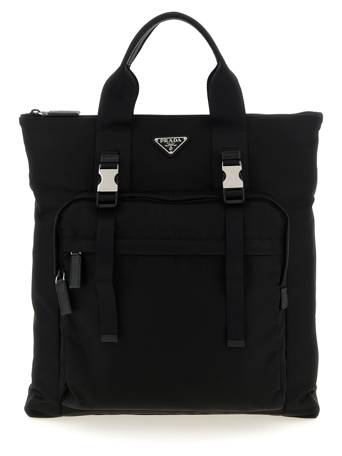 Prada Re-Nylon and Saffiano Leather Tote Backpack in Black featuring dual front zip pockets and triangle logo.