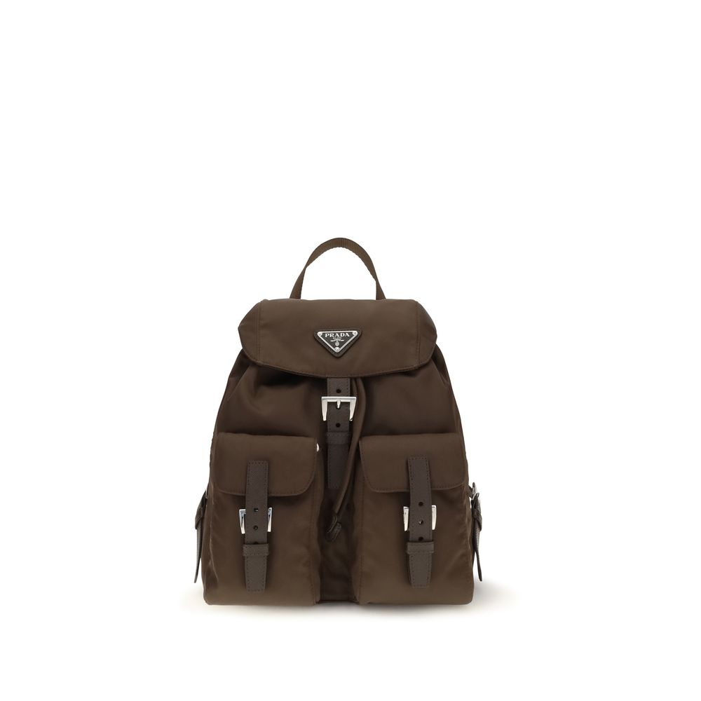 Prada Small Re-Nylon Backpack in Sienna brown featuring dual front buckle pockets and triangle logo.