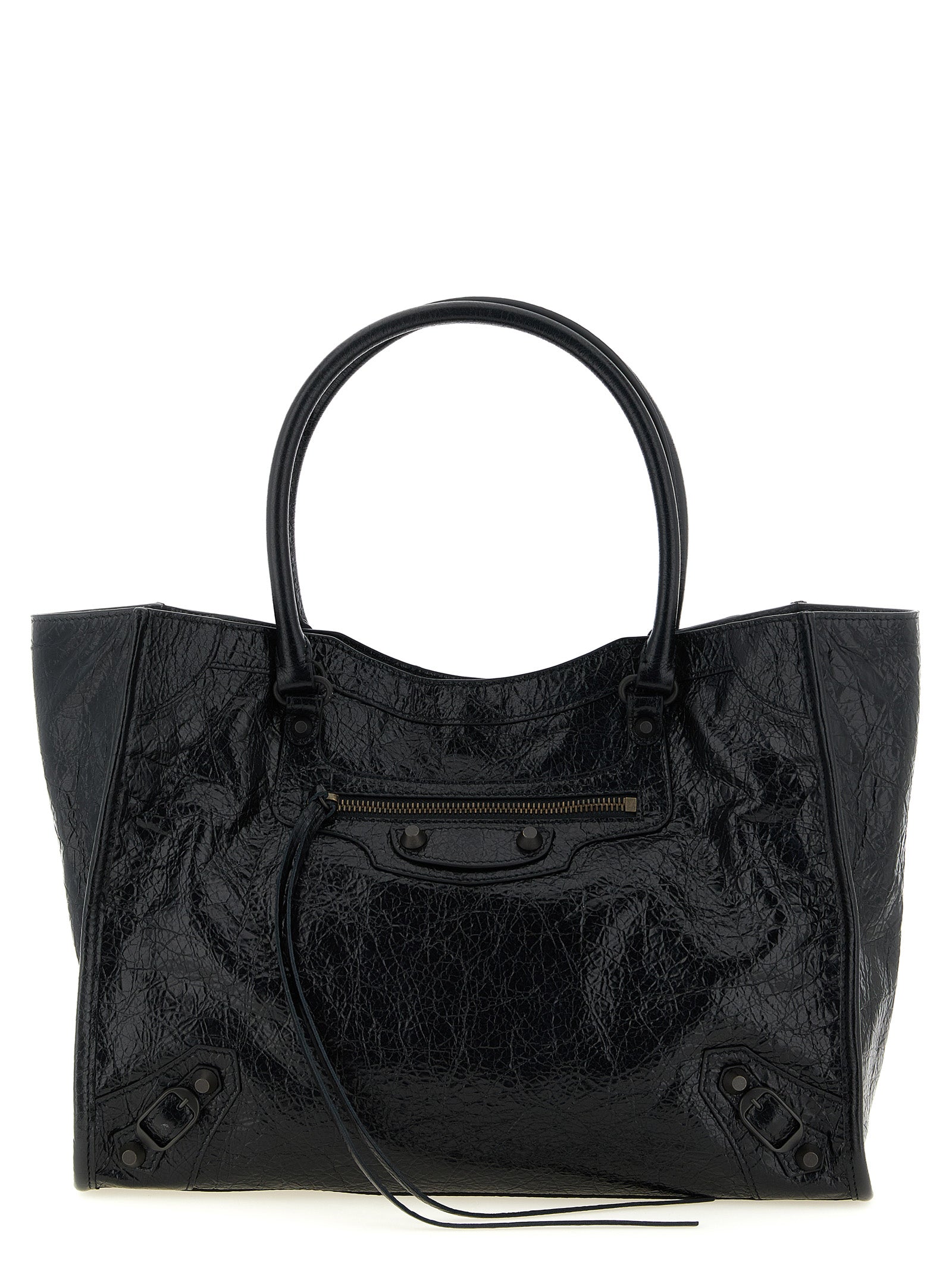 Balenciaga Le City Tote Bag Small in Black Arena Lambskin with Aged Brass Hardware.