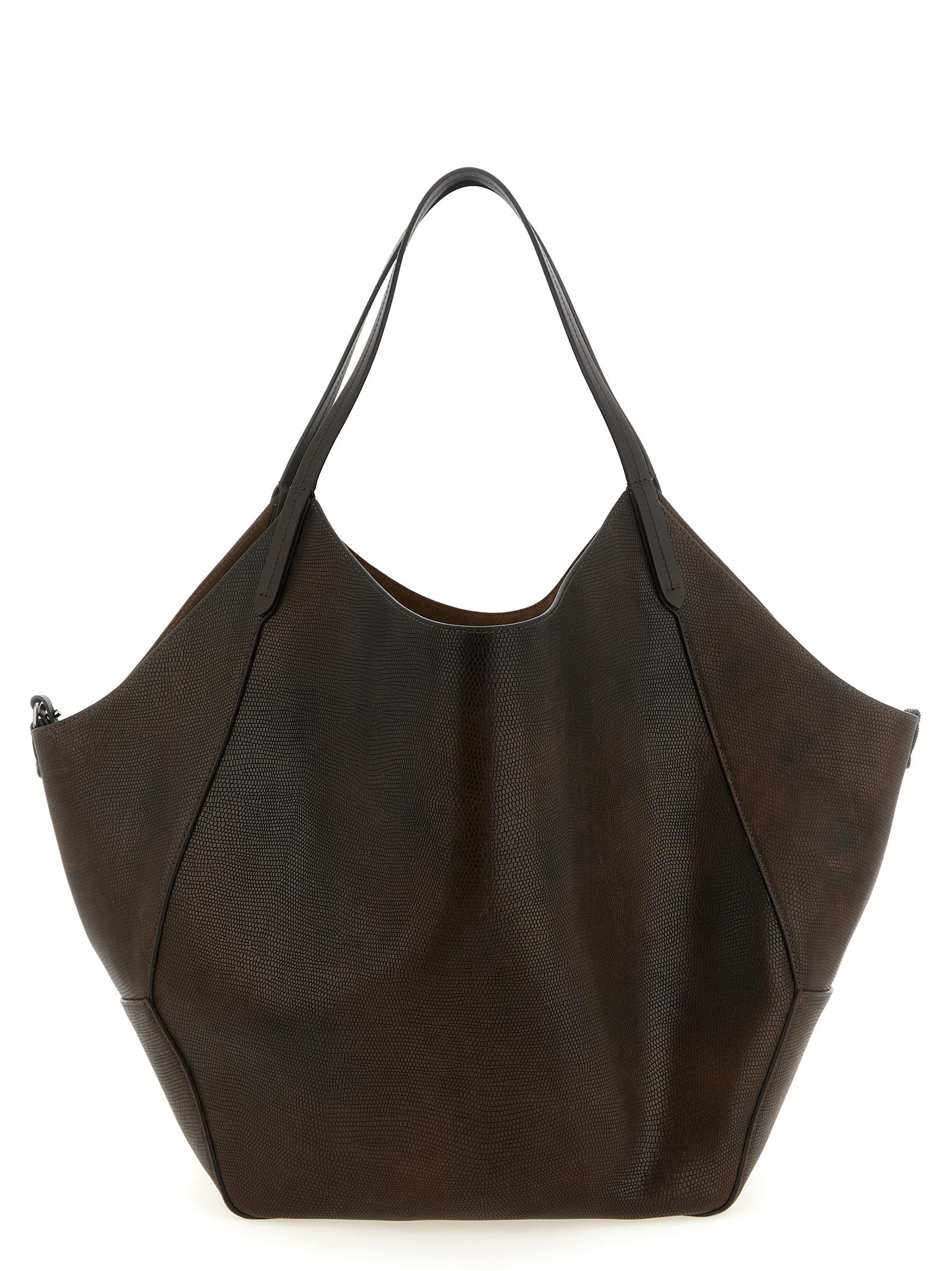 Brunello Cucinelli Reversible Duo Shopper in rust brown lizard-effect calfskin with double handles from The Exclusive Line Singapore.