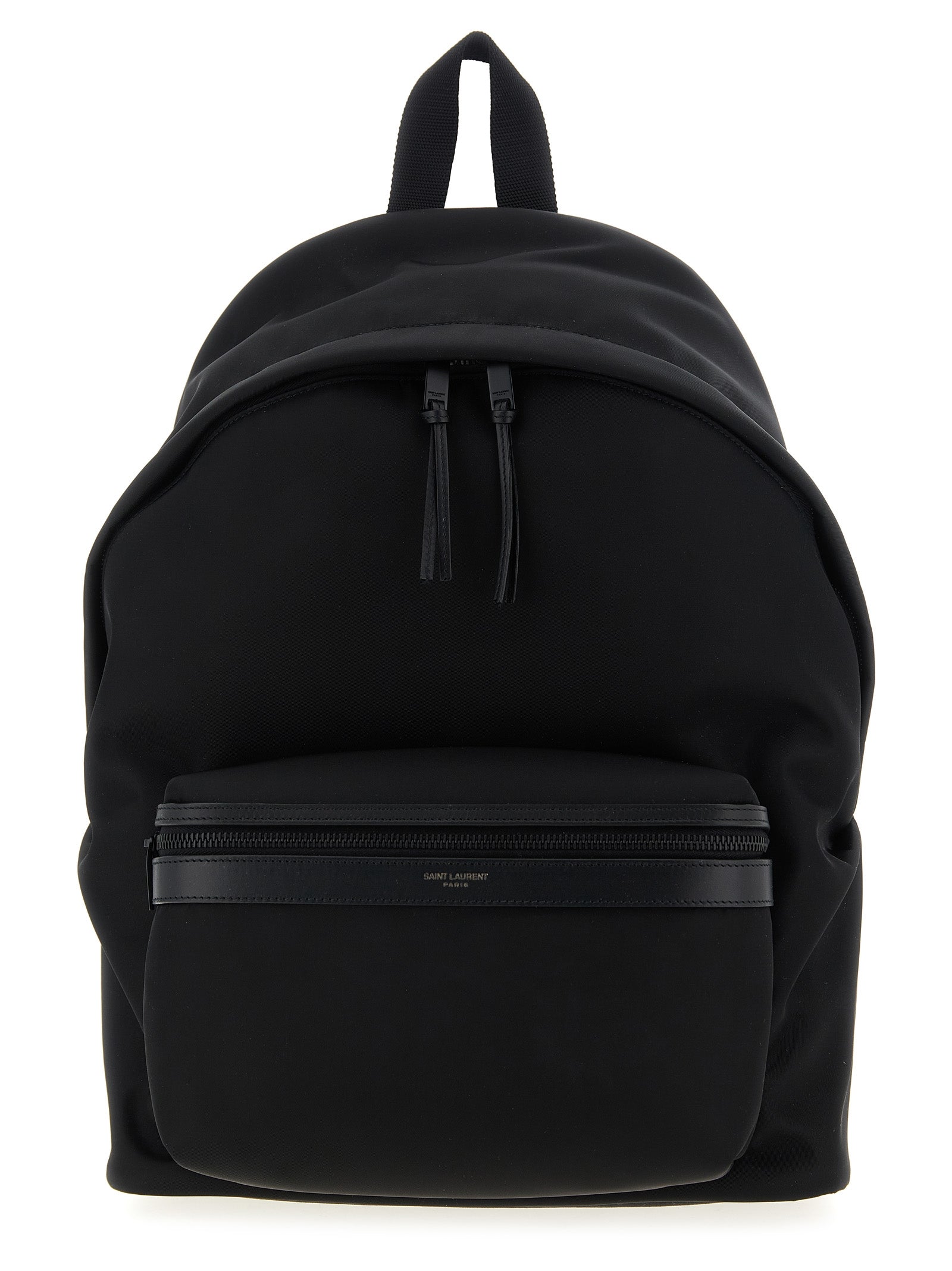 Saint Laurent City Backpack in black regenerated nylon featuring an embossed logo front leather pocket, padded straps, and oxidized nickel hardware from The Exclusive Line Singapore.