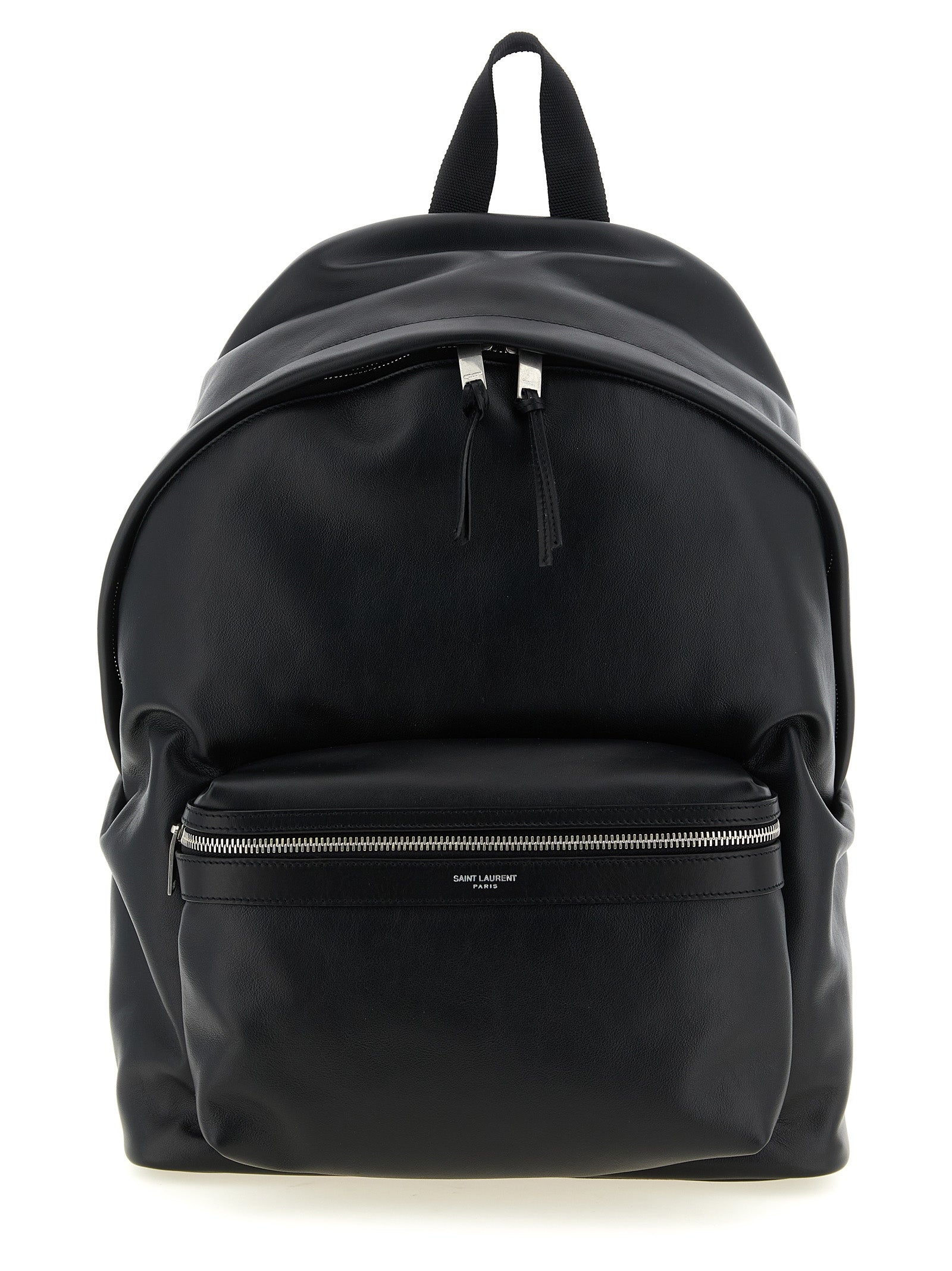 Saint Laurent City Backpack in premium matte black leather featuring an embossed logo front pocket and oxidized nickel hardware from The Exclusive Line Singapore.