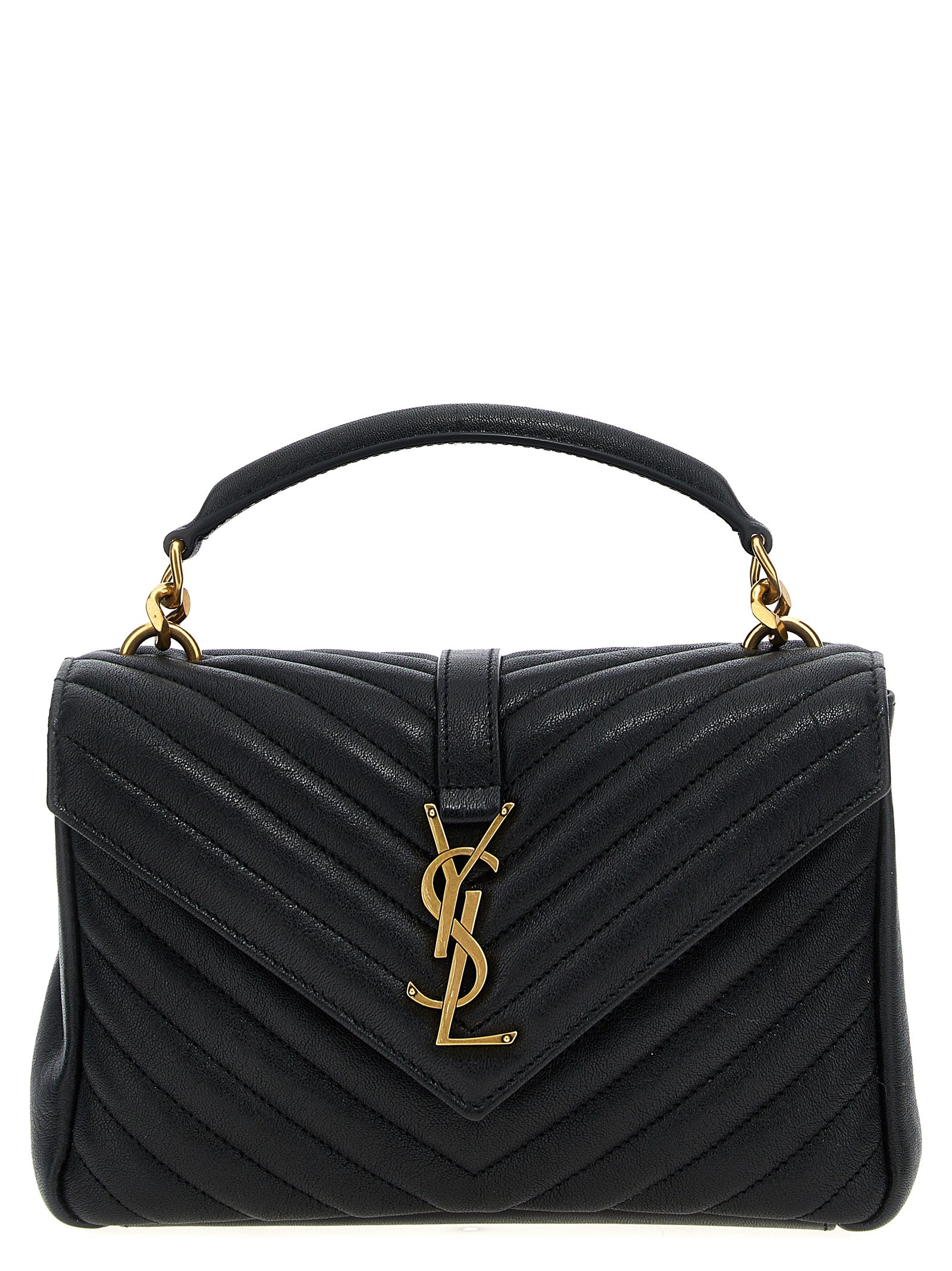 Saint Laurent College Medium satchel bag in black chevron-quilted lambskin leather featuring a light bronze CASSANDRE logo and top handle from The Exclusive Line Singapore.