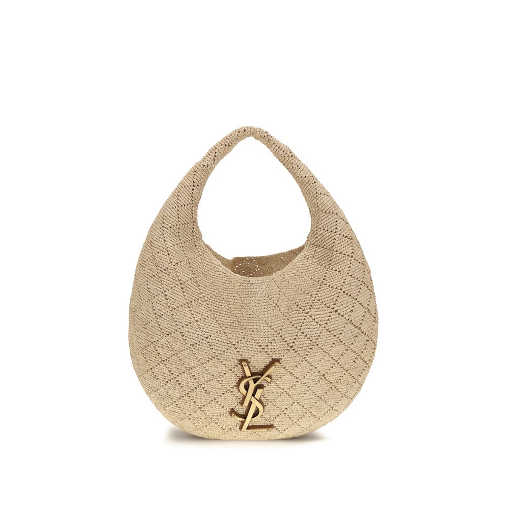 Saint Laurent Icare Hobo bag in natural diamond-crocheted raffia with black leather trim and bronze hardware from The Exclusive Line Singapore.