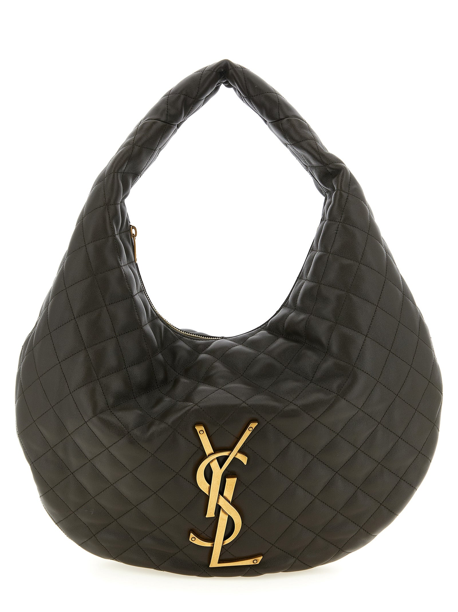 Saint Laurent Icare Hobo bag in light musk diamond-quilted nappa lambskin leather featuring an antiqued bronze monogram from The Exclusive Line Singapore.