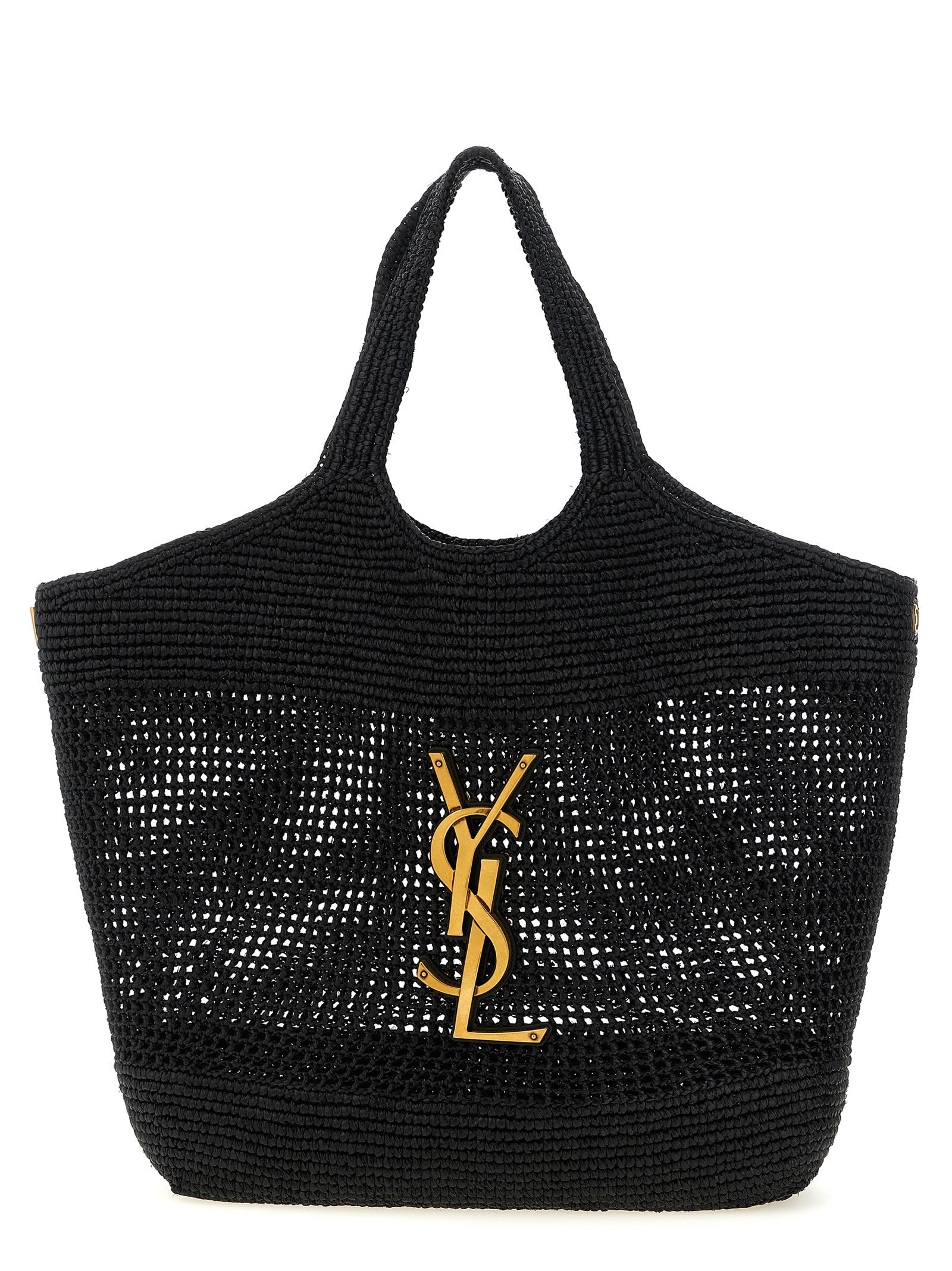 Saint Laurent Icare Maxi Tote bag in hand-crocheted black raffia featuring an oversized bronze CASSANDRE monogram logo and leather shoulder straps from The Exclusive Line Singapore.