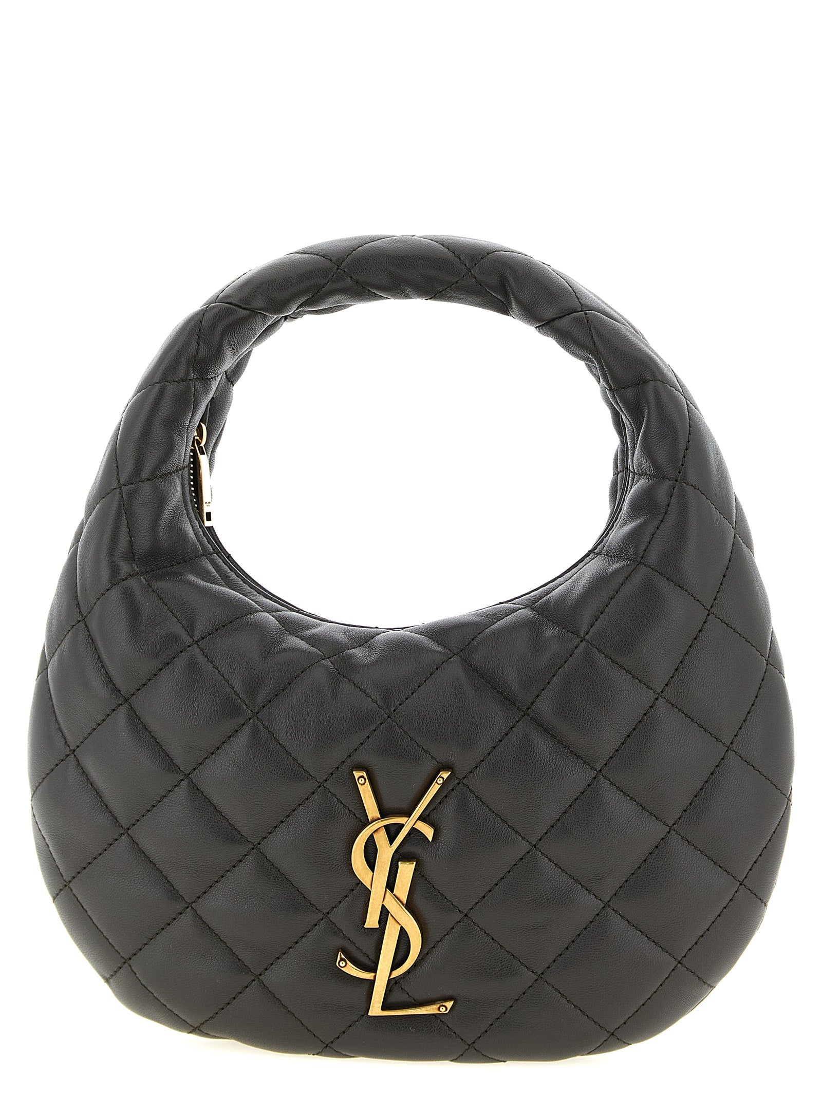Saint Laurent Icarino mini top handle bag in urban grey diamond-quilted nappa lambskin leather featuring a bronze CASSANDRE logo monogram from The Exclusive Line Singapore.