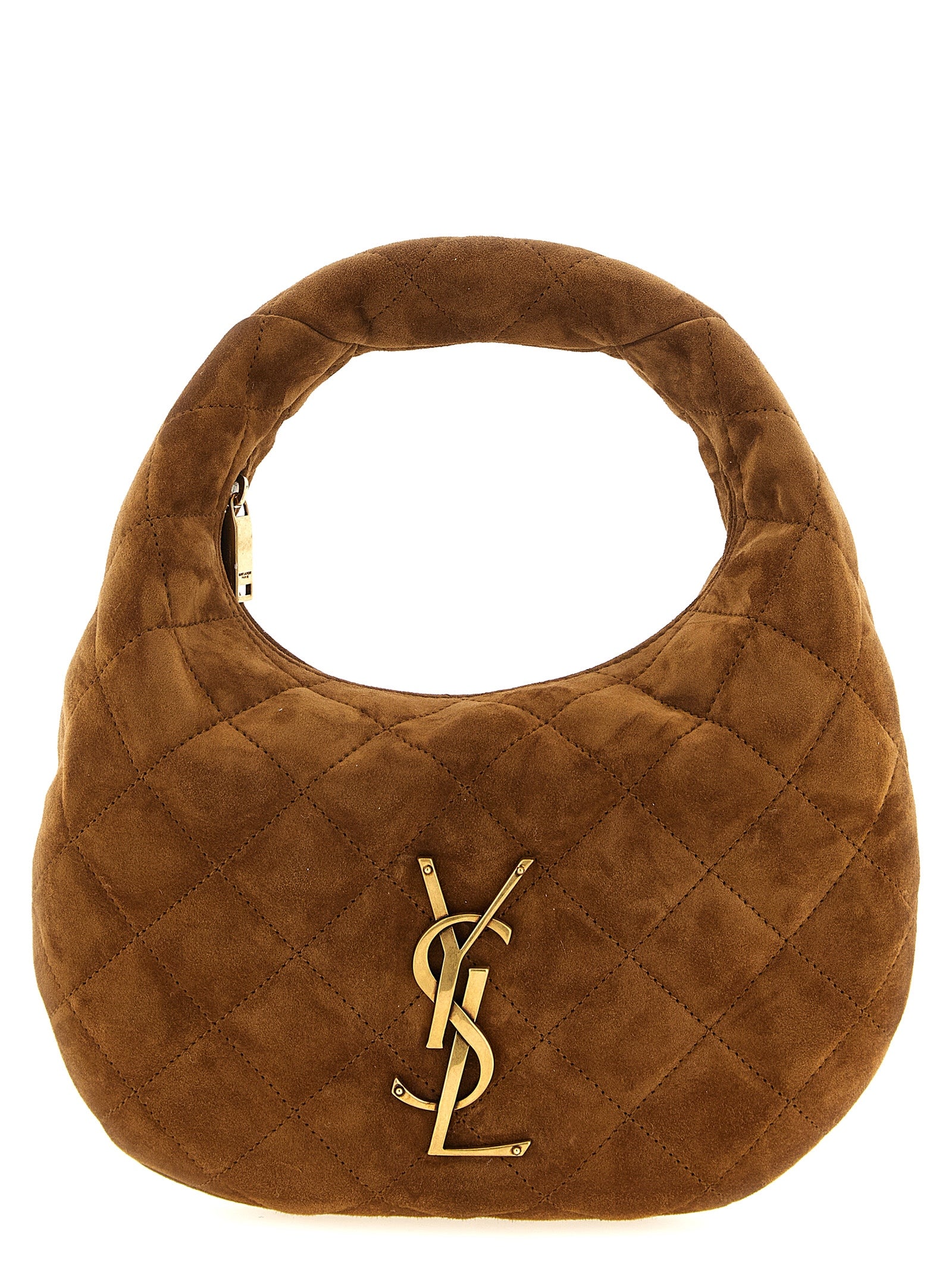 Saint Laurent Icarino mini top handle bag in caramel cognac diamond-quilted suede featuring a bronze CASSANDRE logo monogram from The Exclusive Line Singapore.