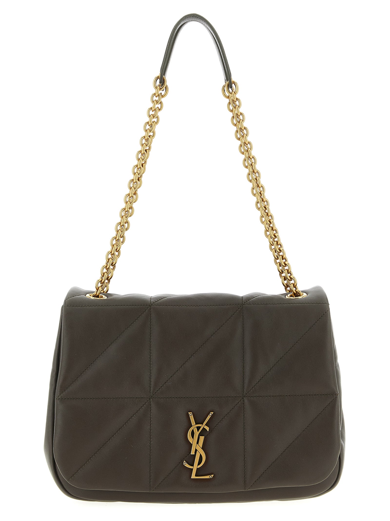 Saint Laurent Jamie 4.3 Medium shoulder bag in light musk quilted lambskin leather featuring an antiqued gold Cassandra logo from The Exclusive Line Singapore.