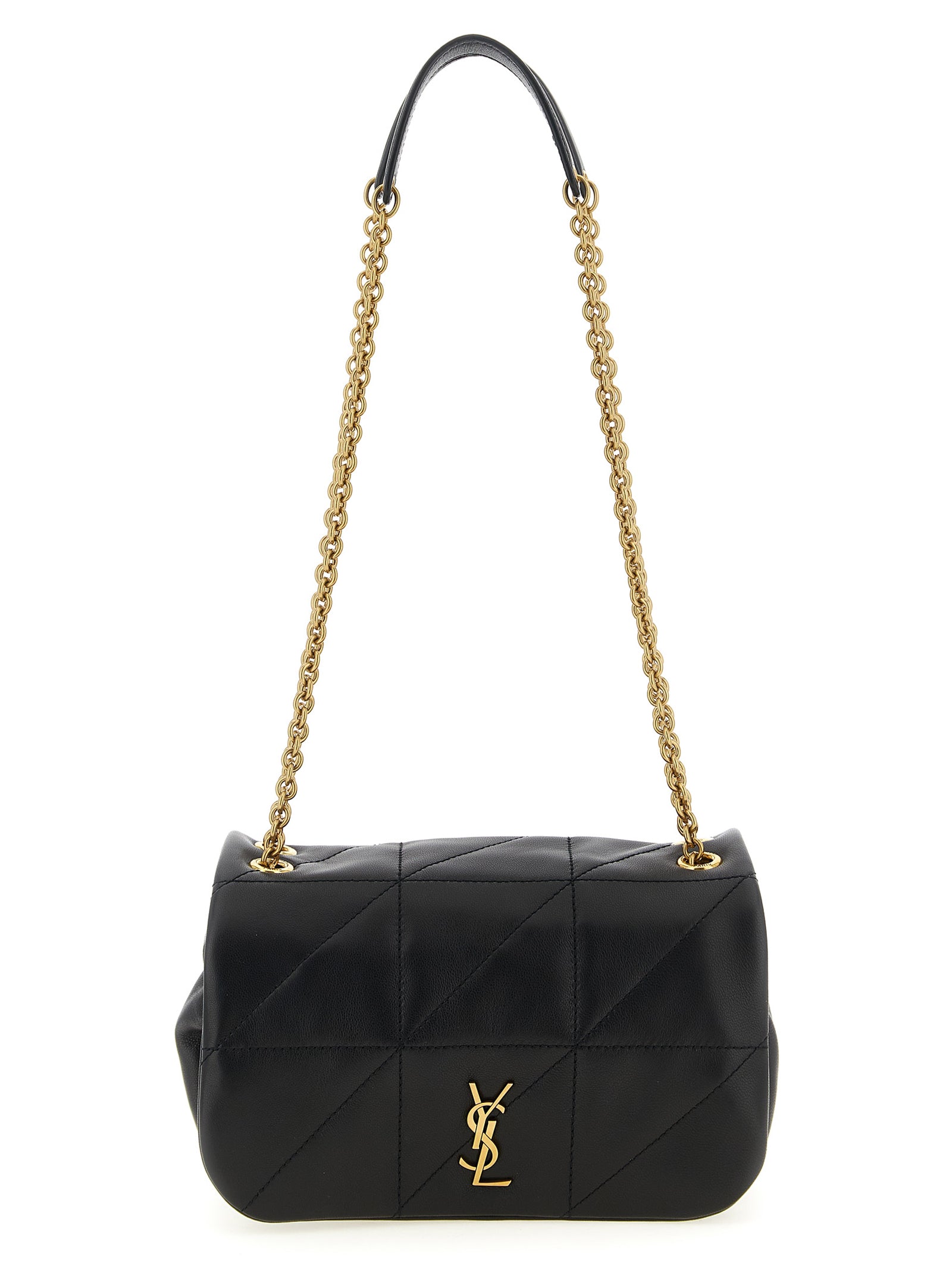 Saint Laurent Jamie 4.3 Mini shoulder bag in black nappa lambskin leather featuring Carré Rive Gauche patchwork quilting and an antiqued gold Cassandre logo from The Exclusive Line Singapore.