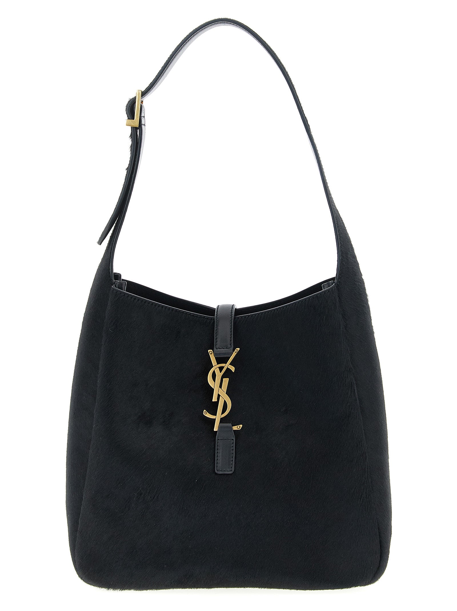 Saint Laurent LE 5 À 7 Small hobo shoulder bag in rich black pony hair and smooth nappa leather featuring a bronze CASSANDRE logo closure from The Exclusive Line Singapore.