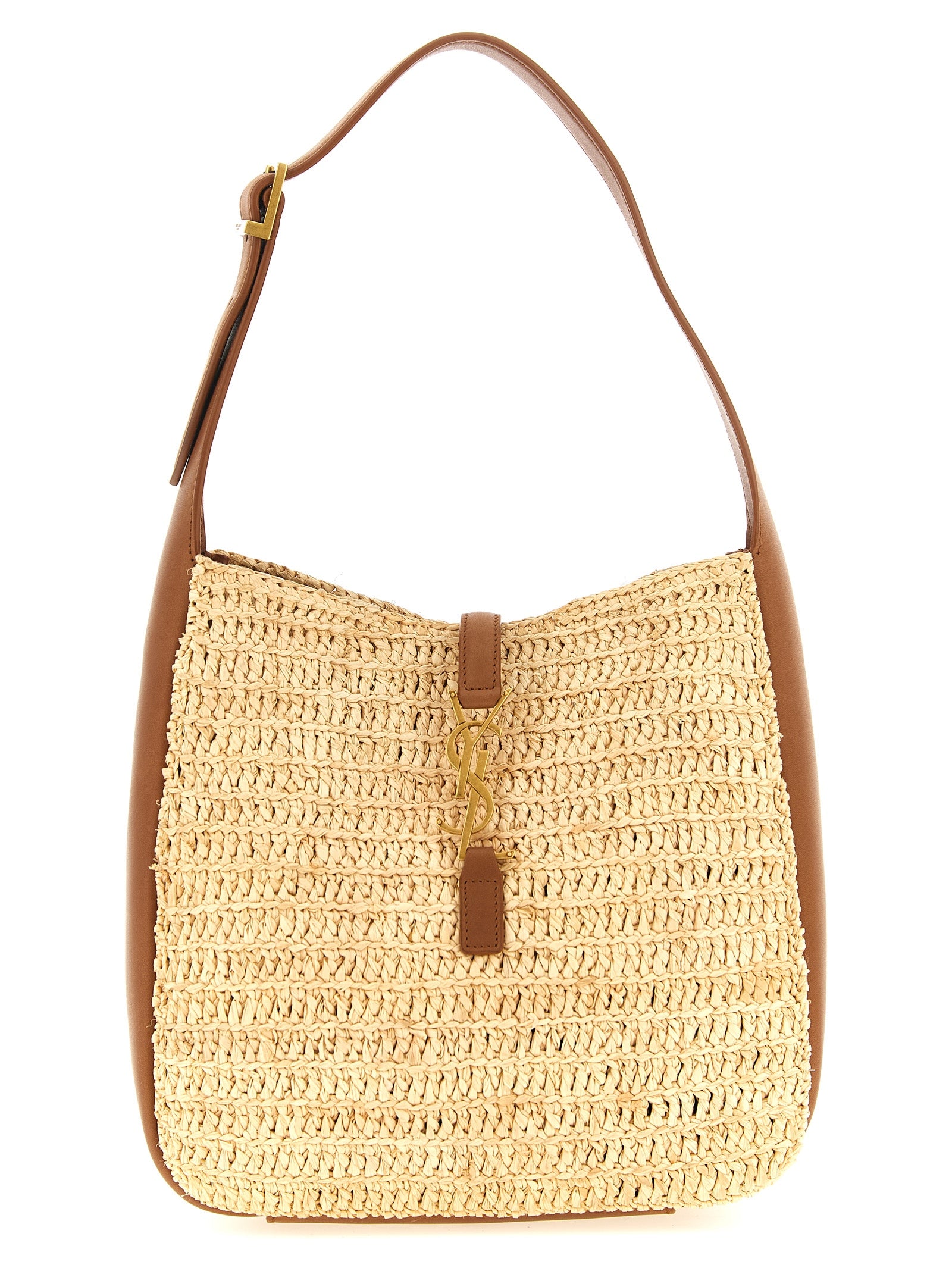 Saint Laurent LE 5 À 7 small shoulder bag in natural woven raffia and brown calfskin leather with bronze CASSANDRE logo closure from The Exclusive Line Singapore.