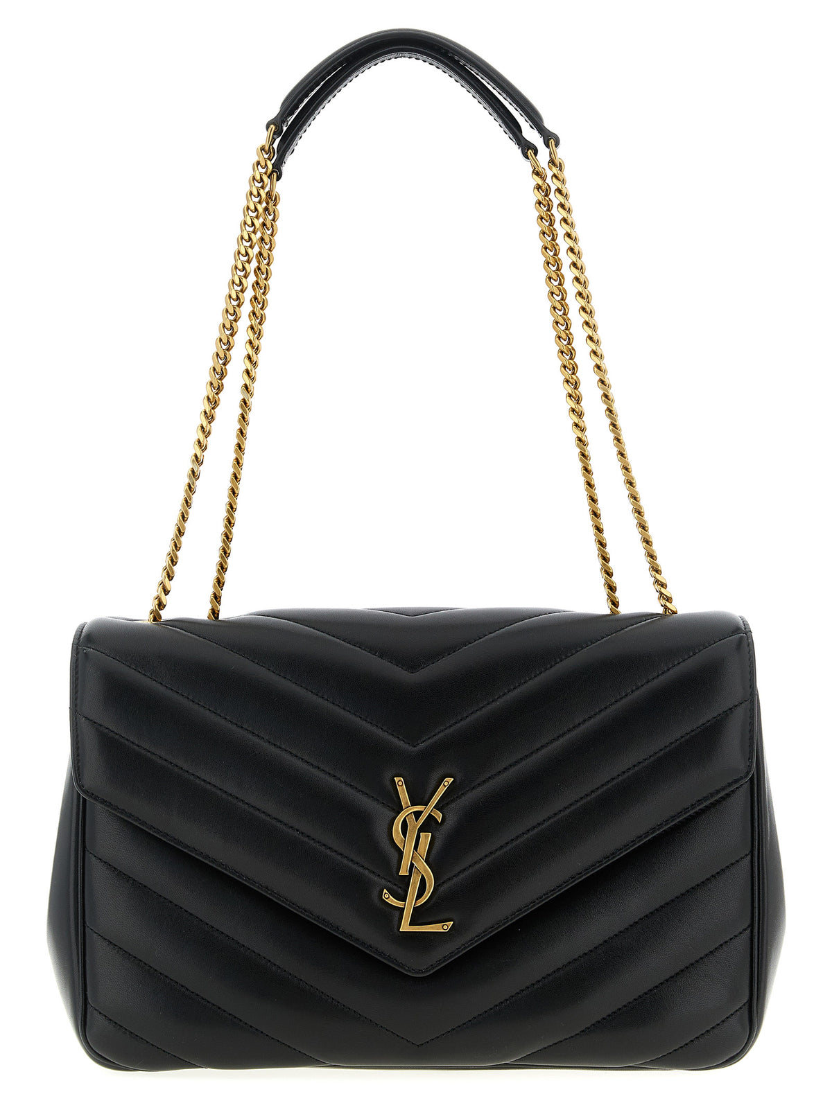 Saint Laurent Large Loulou Bag in black chevron-quilted matelassé lambskin with bronze Cassandre monogram – The Exclusive Line