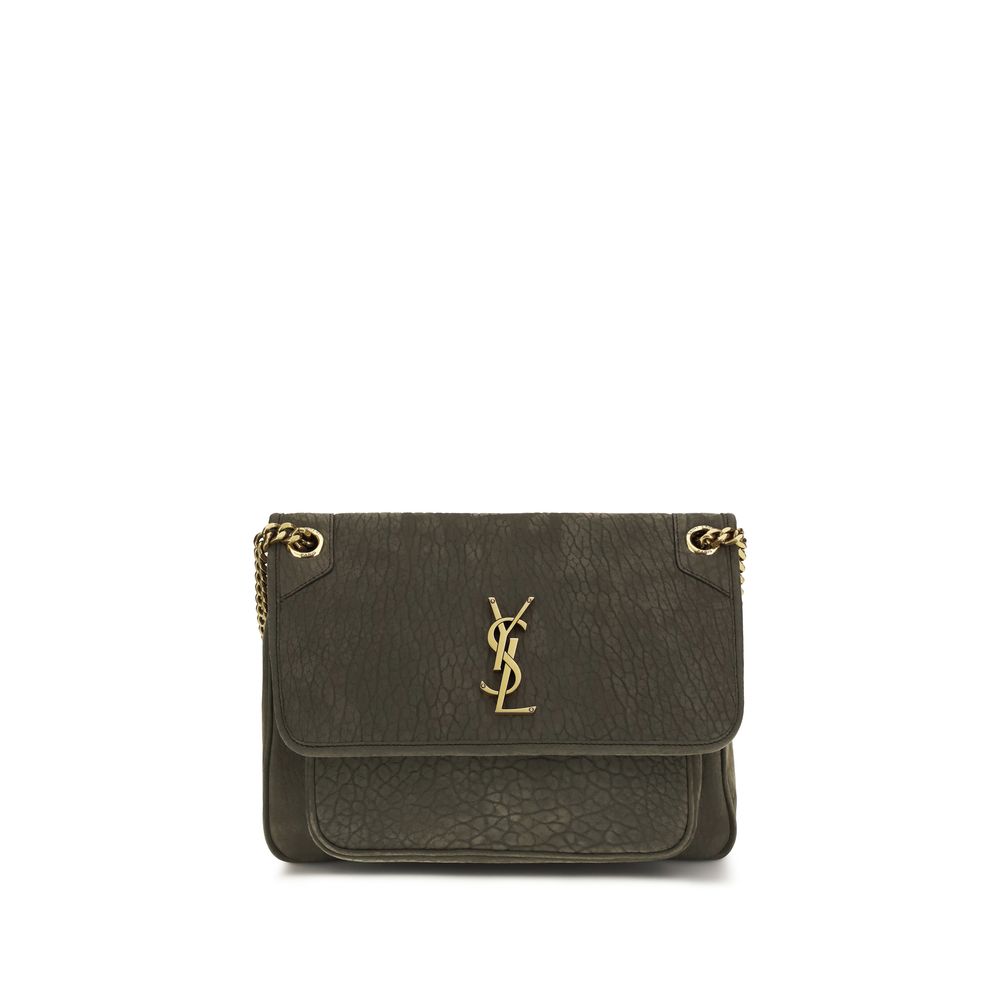 Saint Laurent Niki Medium bag in Zinc Grey grained nubuck lambskin with a leather-covered YSL logo and bronze-toned chain strap.