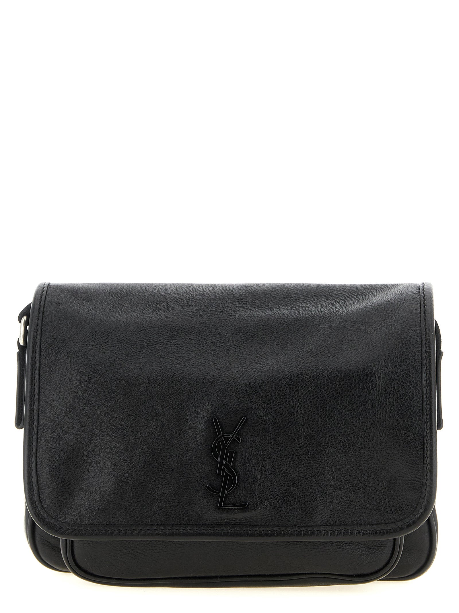 Saint Laurent Niki Small Messenger bag in black grained calfskin leather with a tonal leather-covered CASSANDRE logo and silver hardware from The Exclusive Line Singapore.