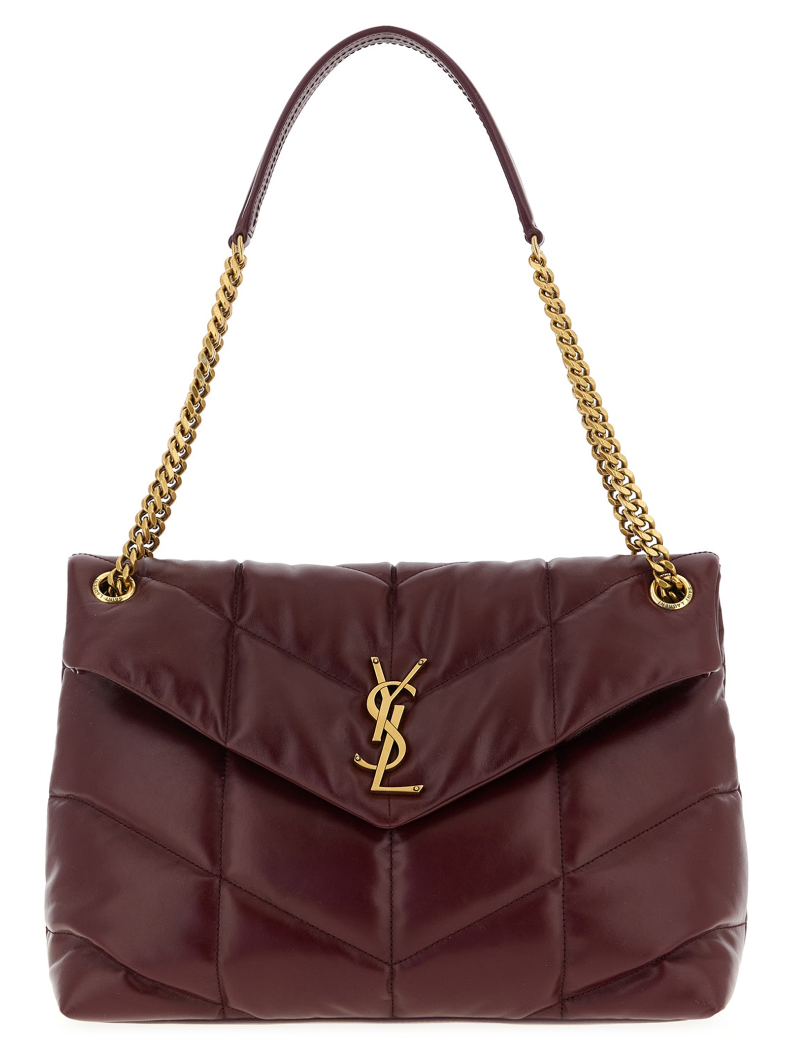 Saint Laurent Puffer Medium shoulder bag in deep dark ruby chevron-quilted calfskin leather featuring a bronze YSL logo monogram from The Exclusive Line Singapore.