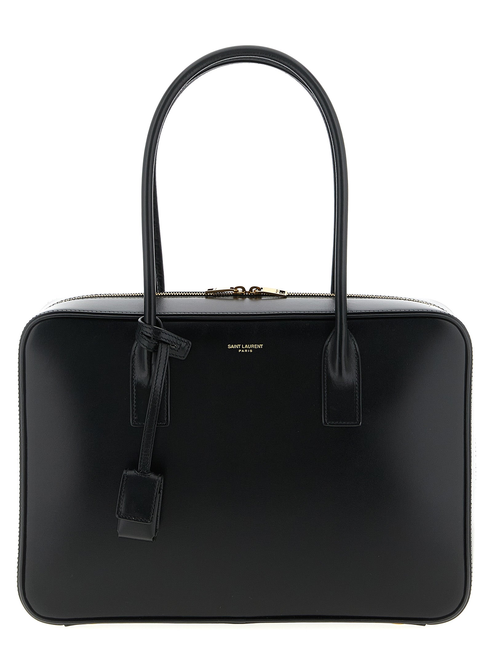 Saint Laurent Sac de Jour in Box shoulder bag in smooth black calfskin leather featuring double fixed tubular handles and a signature hanging leather padlock case from The Exclusive Line Singapore.